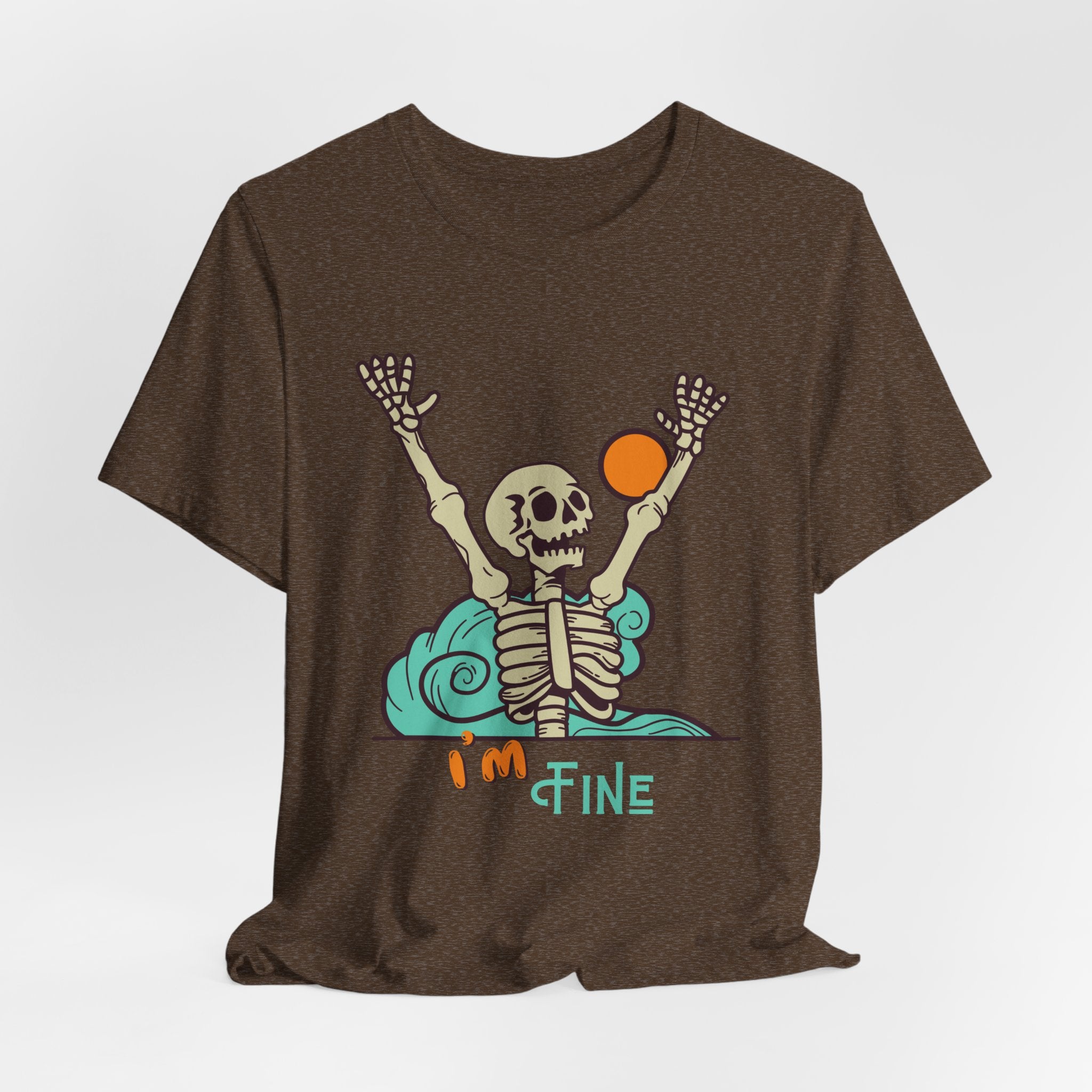 I’m Fine skeleton beach scene Tee | skeleton holding sun, waves, humorous graphic