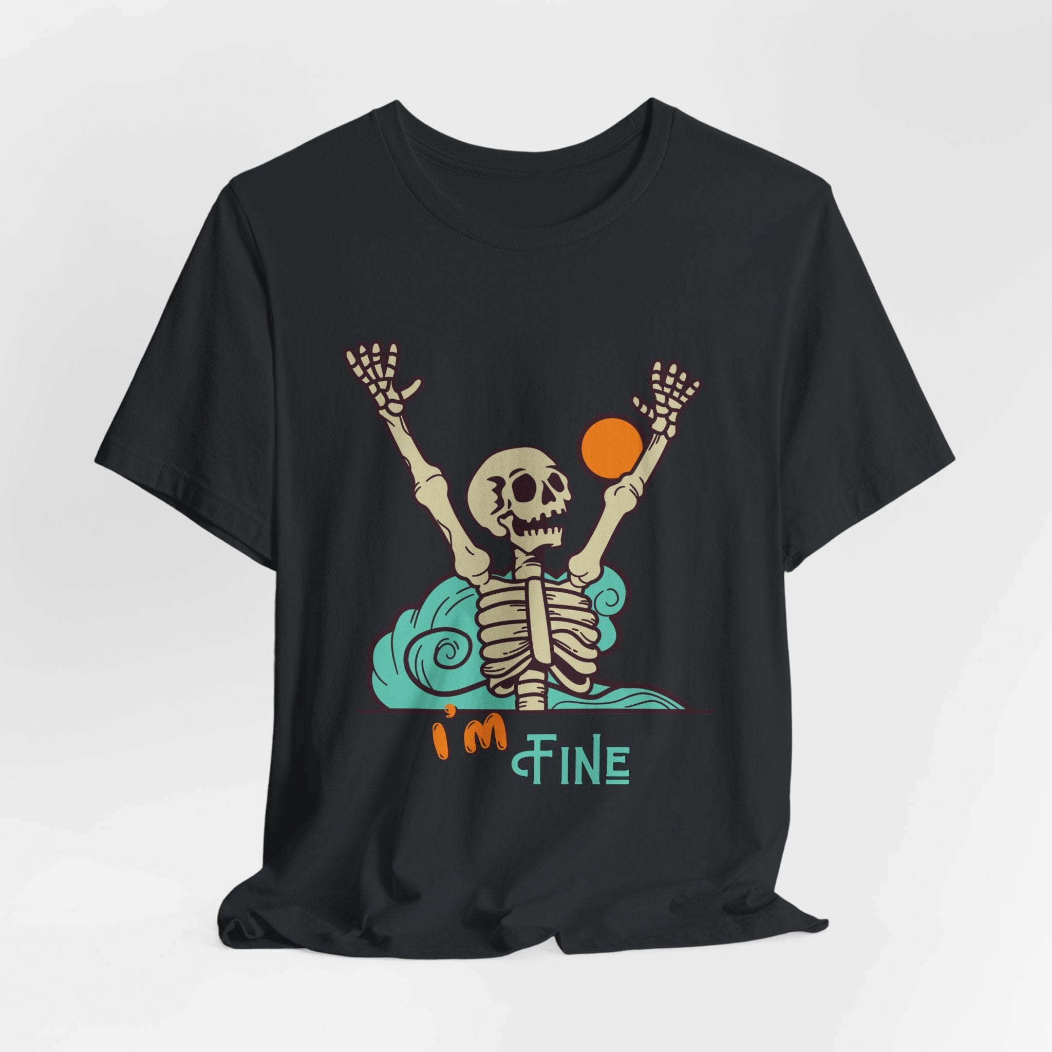 I’m Fine skeleton beach scene Tee | skeleton holding sun, waves, humorous graphic