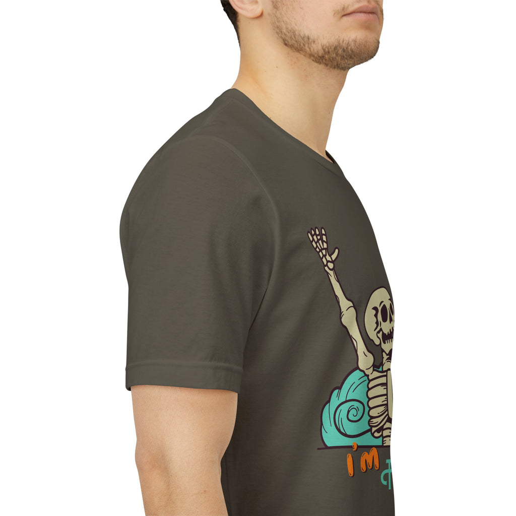 I’m Fine skeleton beach scene Tee | skeleton holding sun, waves, humorous graphic