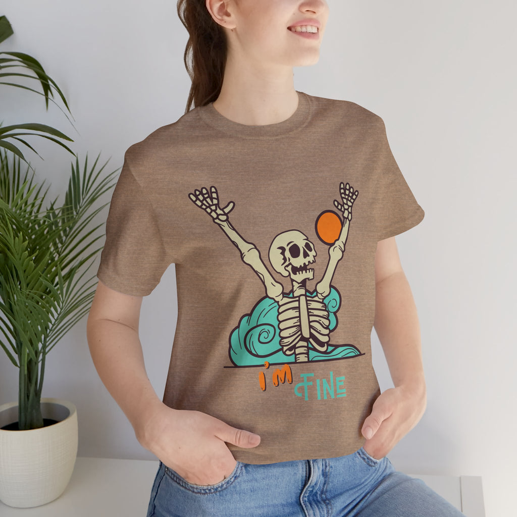 I’m Fine skeleton beach scene Tee | skeleton holding sun, waves, humorous graphic