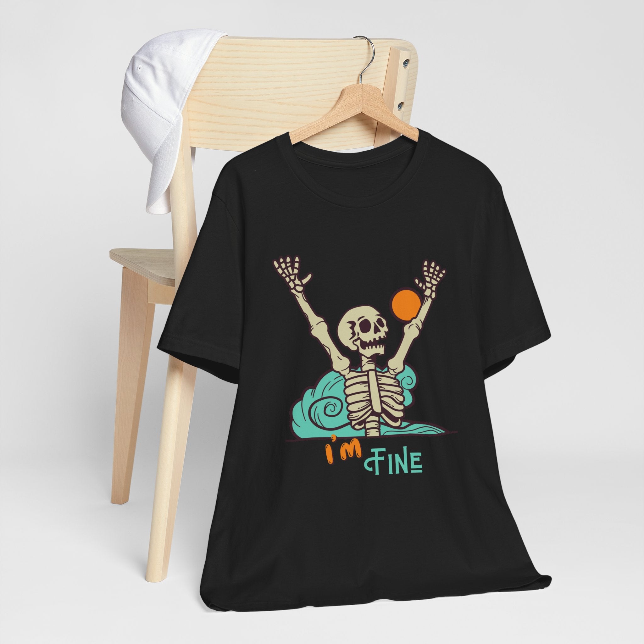 I’m Fine skeleton beach scene Tee | skeleton holding sun, waves, humorous graphic
