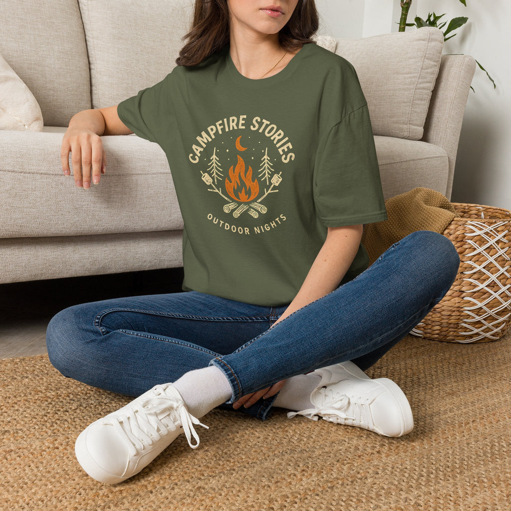 Campfire Stories T-Shirt — Cozy Retro Fire & Moon Graphic Tee
