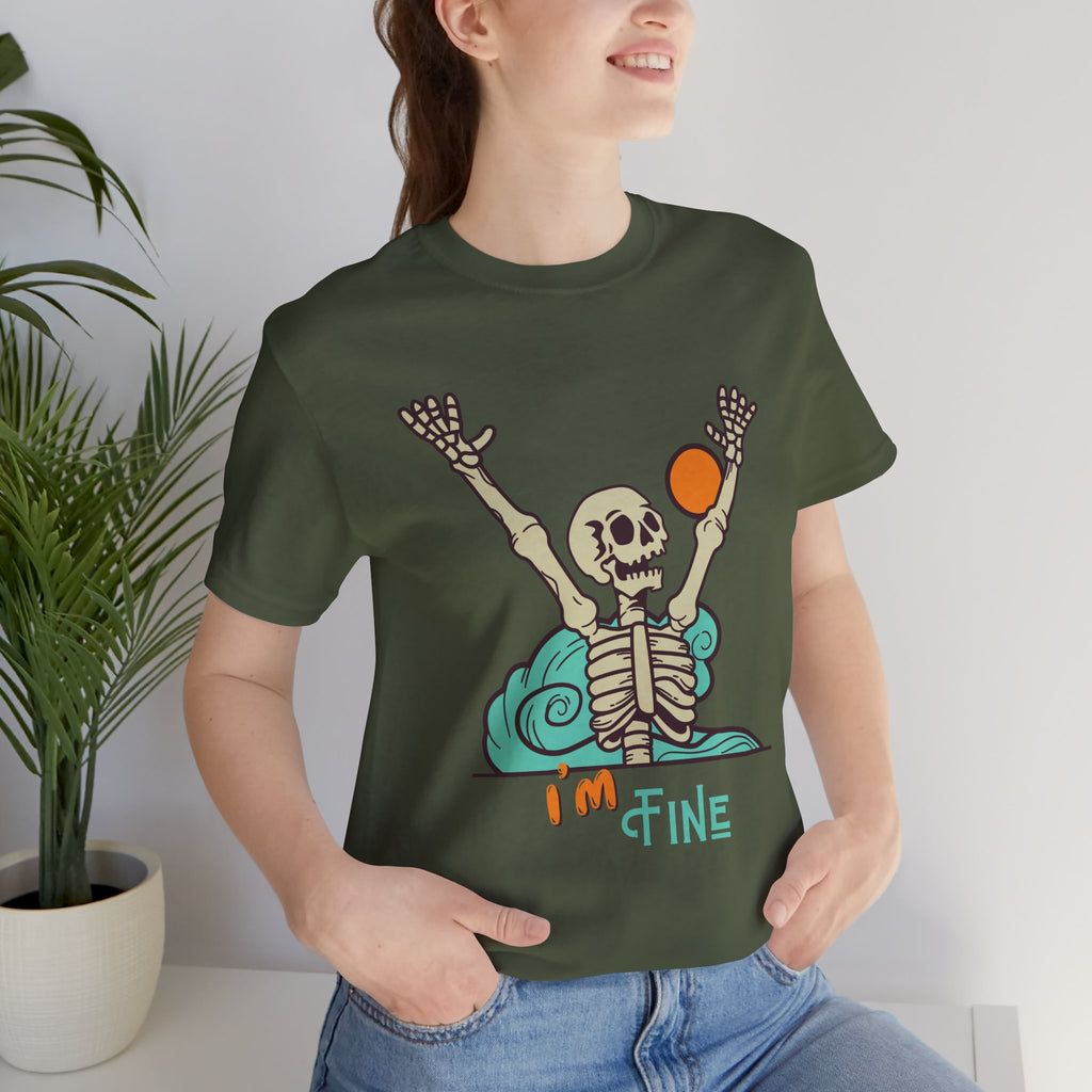 I’m Fine skeleton beach scene Tee | skeleton holding sun, waves, humorous graphic