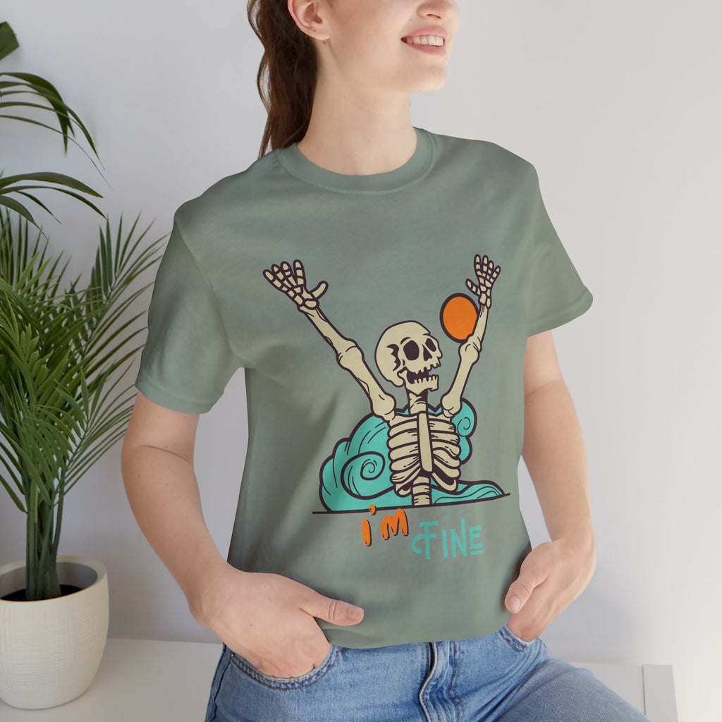 I’m Fine skeleton beach scene Tee | skeleton holding sun, waves, humorous graphic