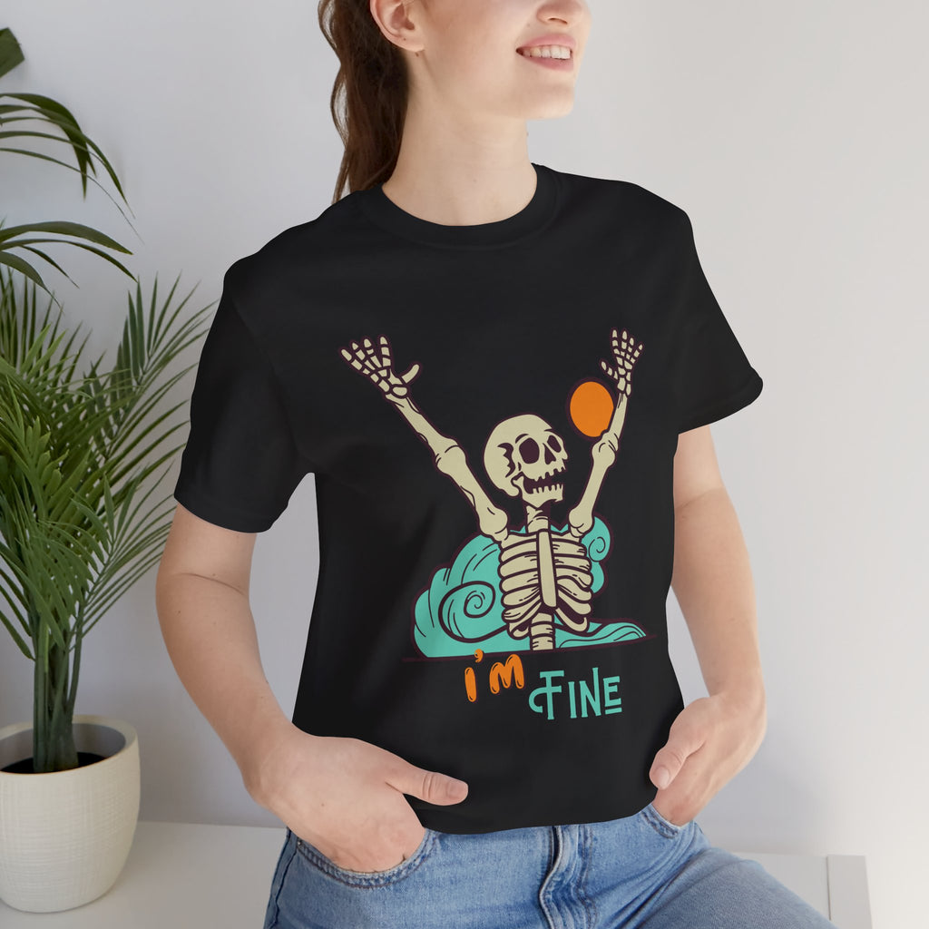 I’m Fine skeleton beach scene Tee | skeleton holding sun, waves, humorous graphic