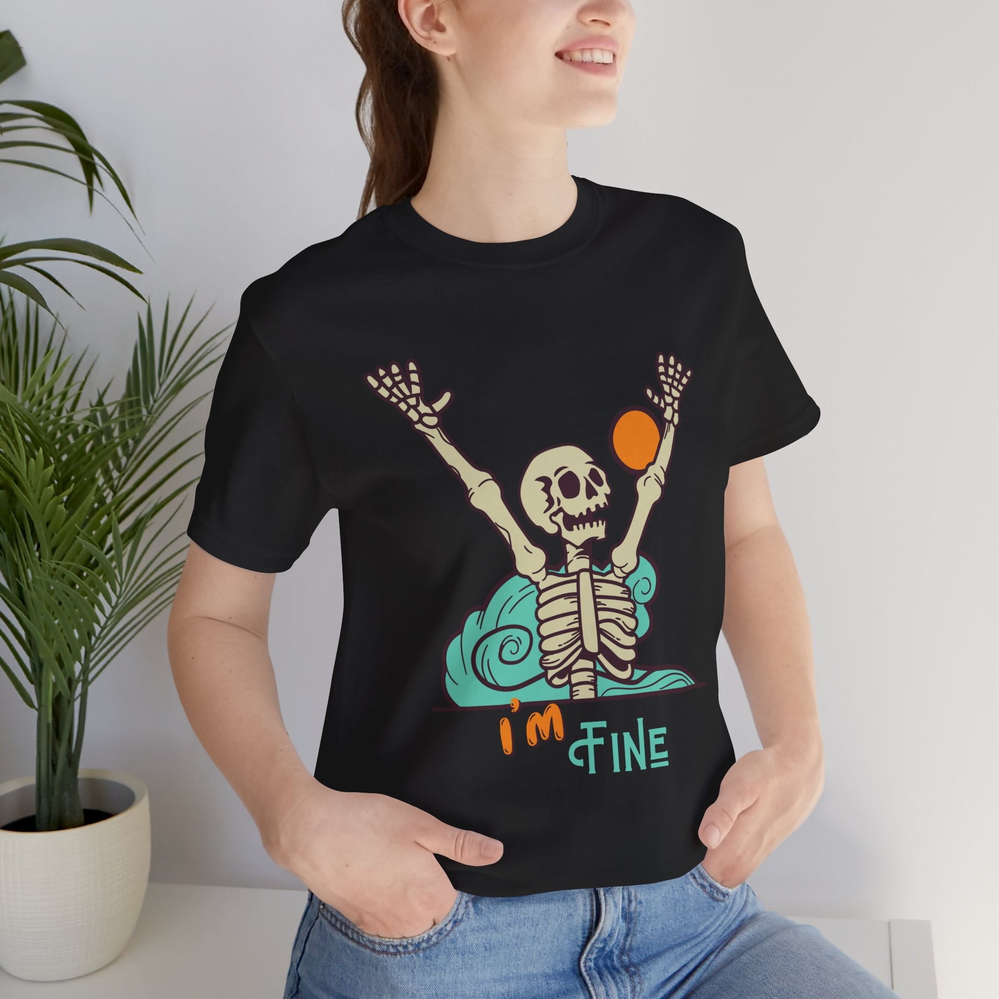 I’m Fine skeleton beach scene Tee | skeleton holding sun, waves, humorous graphic