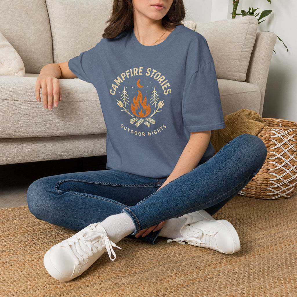 Campfire Stories T-Shirt — Cozy Retro Fire & Moon Graphic Tee