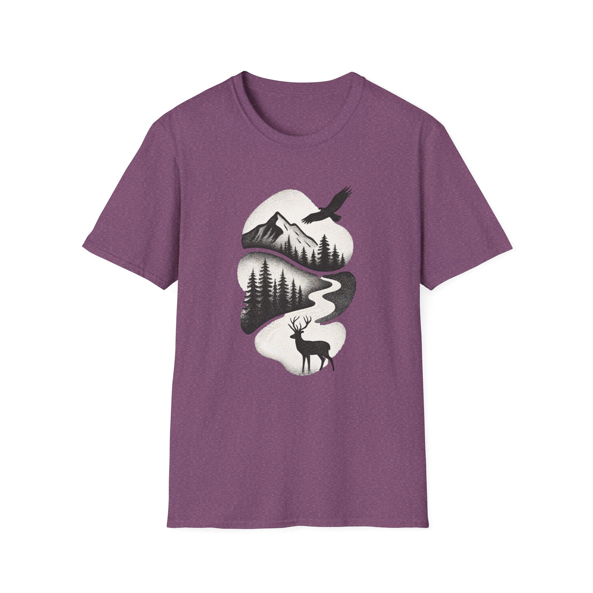 Nature Mountain Tee — Scenic Forest, Eagle & Deer Graphic T-Shirt