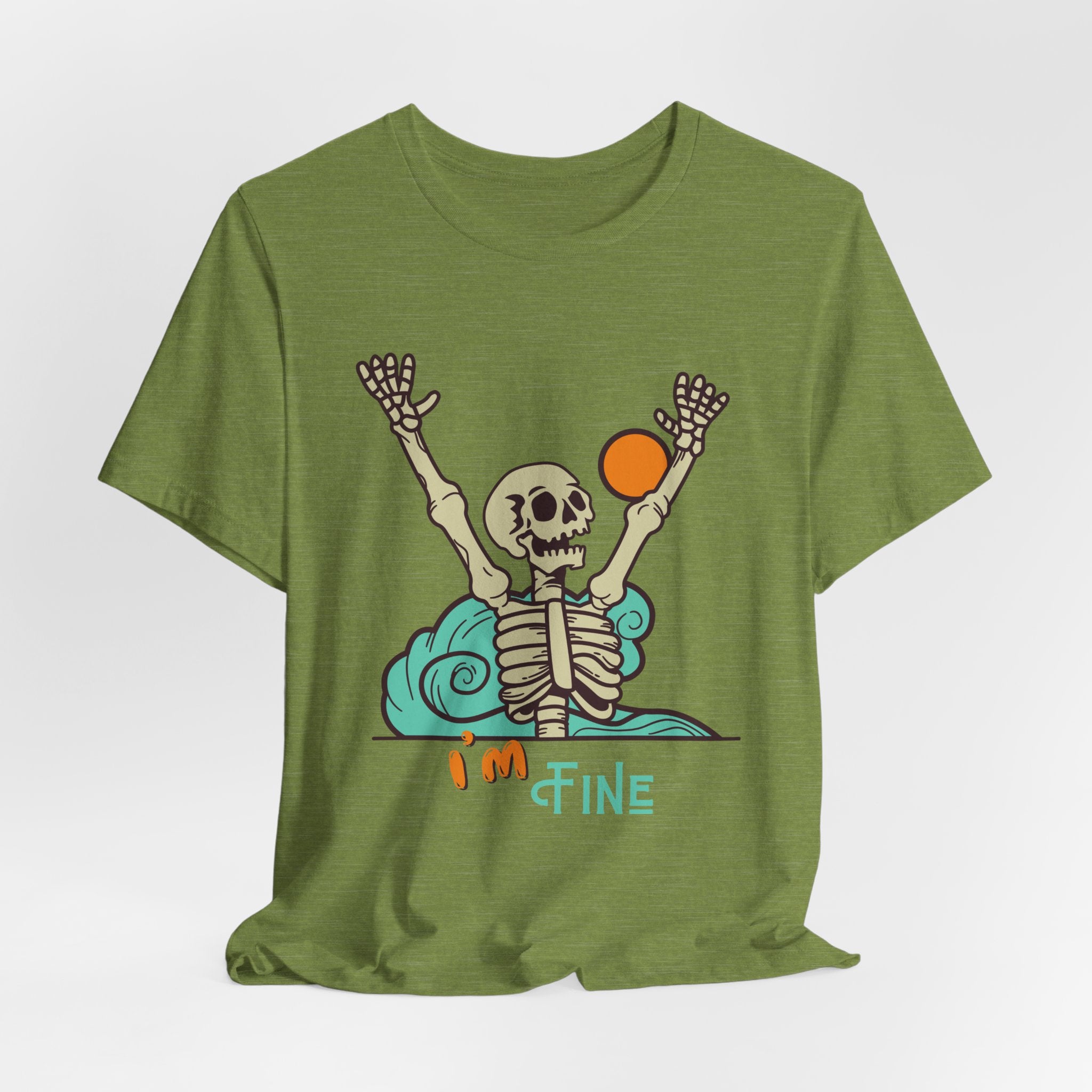 I’m Fine skeleton beach scene Tee | skeleton holding sun, waves, humorous graphic