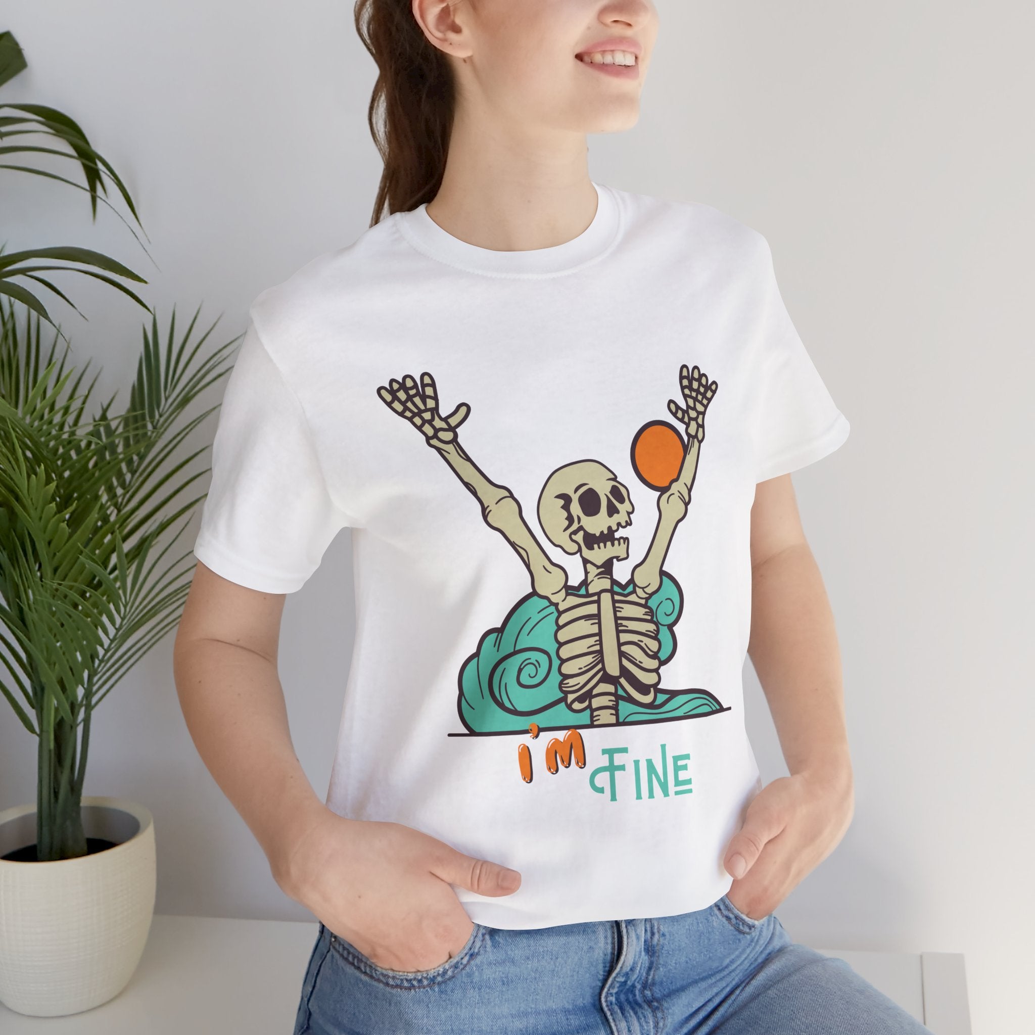 I’m Fine skeleton beach scene Tee | skeleton holding sun, waves, humorous graphic