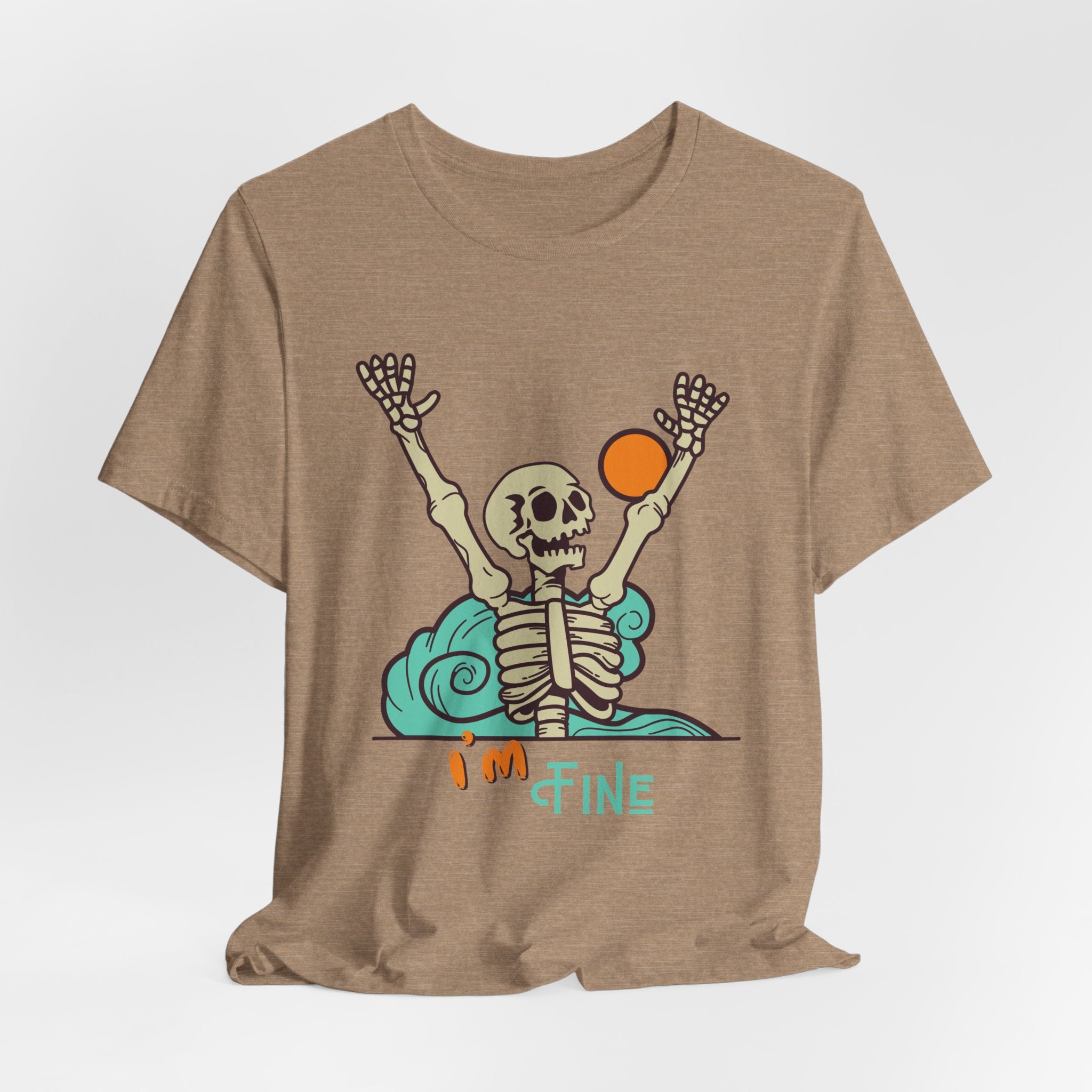 I’m Fine skeleton beach scene Tee | skeleton holding sun, waves, humorous graphic