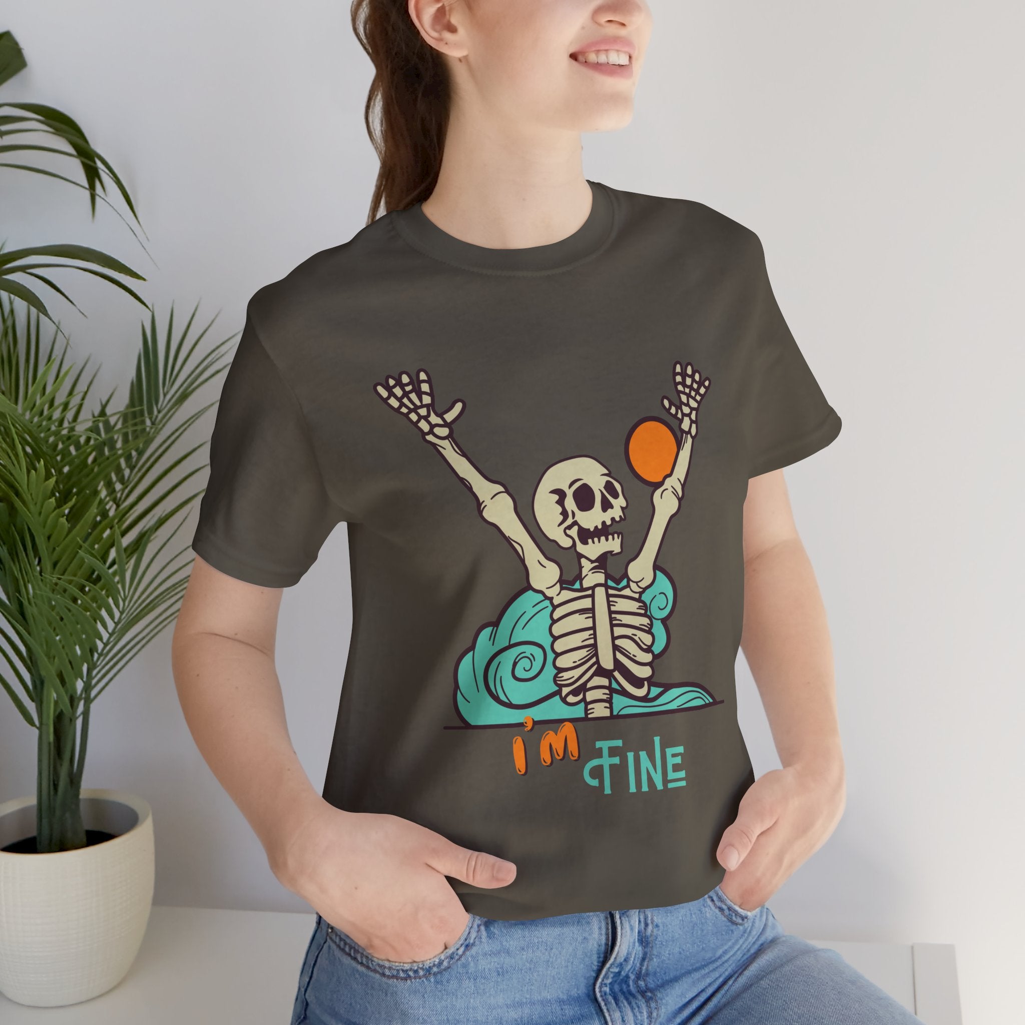 I’m Fine skeleton beach scene Tee | skeleton holding sun, waves, humorous graphic