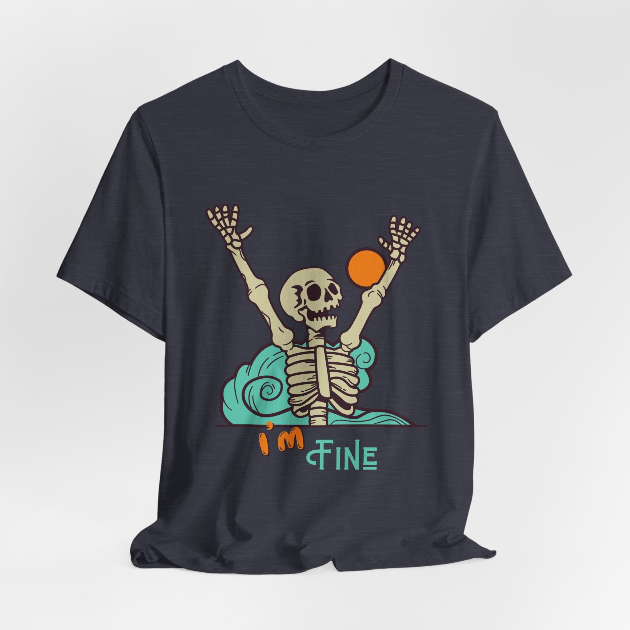 I’m Fine skeleton beach scene Tee | skeleton holding sun, waves, humorous graphic