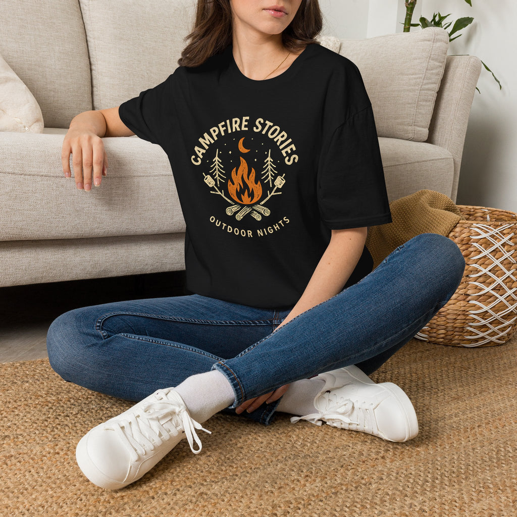 Campfire Stories T-Shirt — Cozy Retro Fire & Moon Graphic Tee