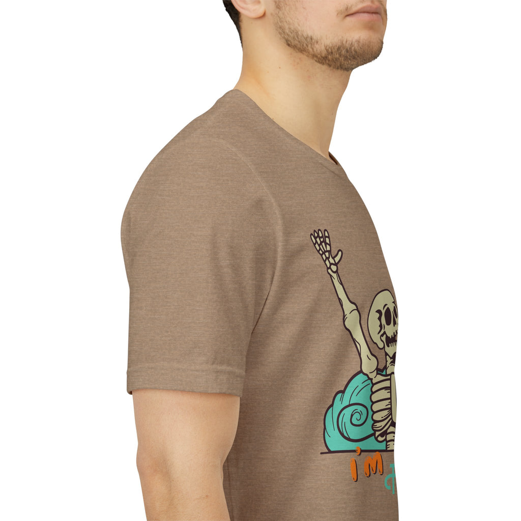 I’m Fine skeleton beach scene Tee | skeleton holding sun, waves, humorous graphic