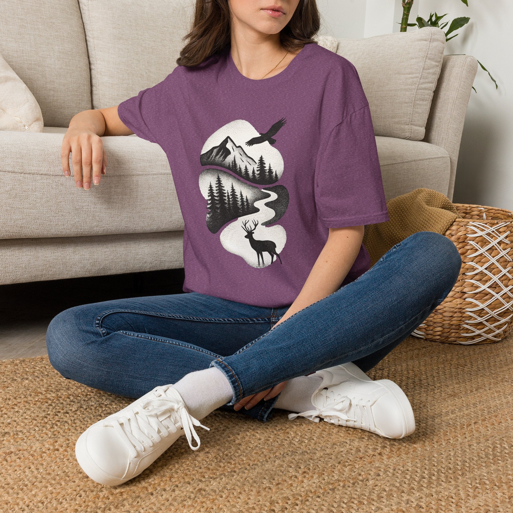 Nature Mountain Tee — Scenic Forest, Eagle & Deer Graphic T-Shirt