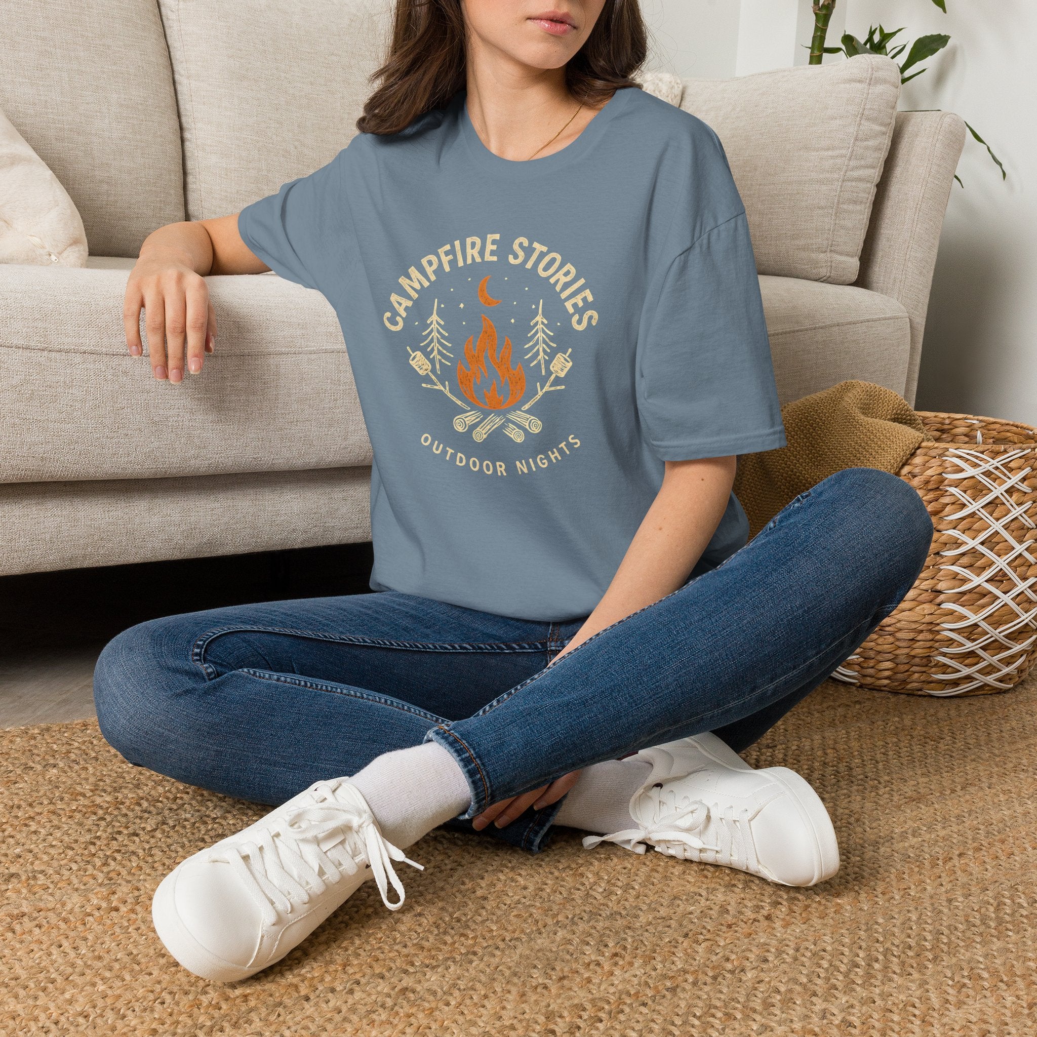 Campfire Stories T-Shirt — Cozy Retro Fire & Moon Graphic Tee