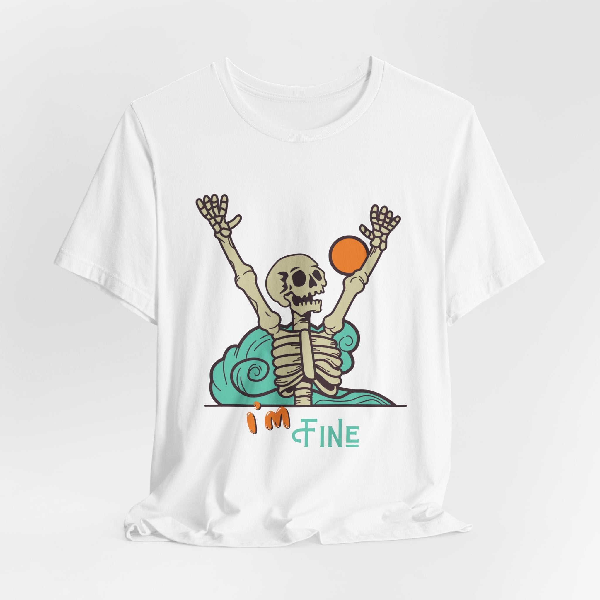 I’m Fine skeleton beach scene Tee | skeleton holding sun, waves, humorous graphic