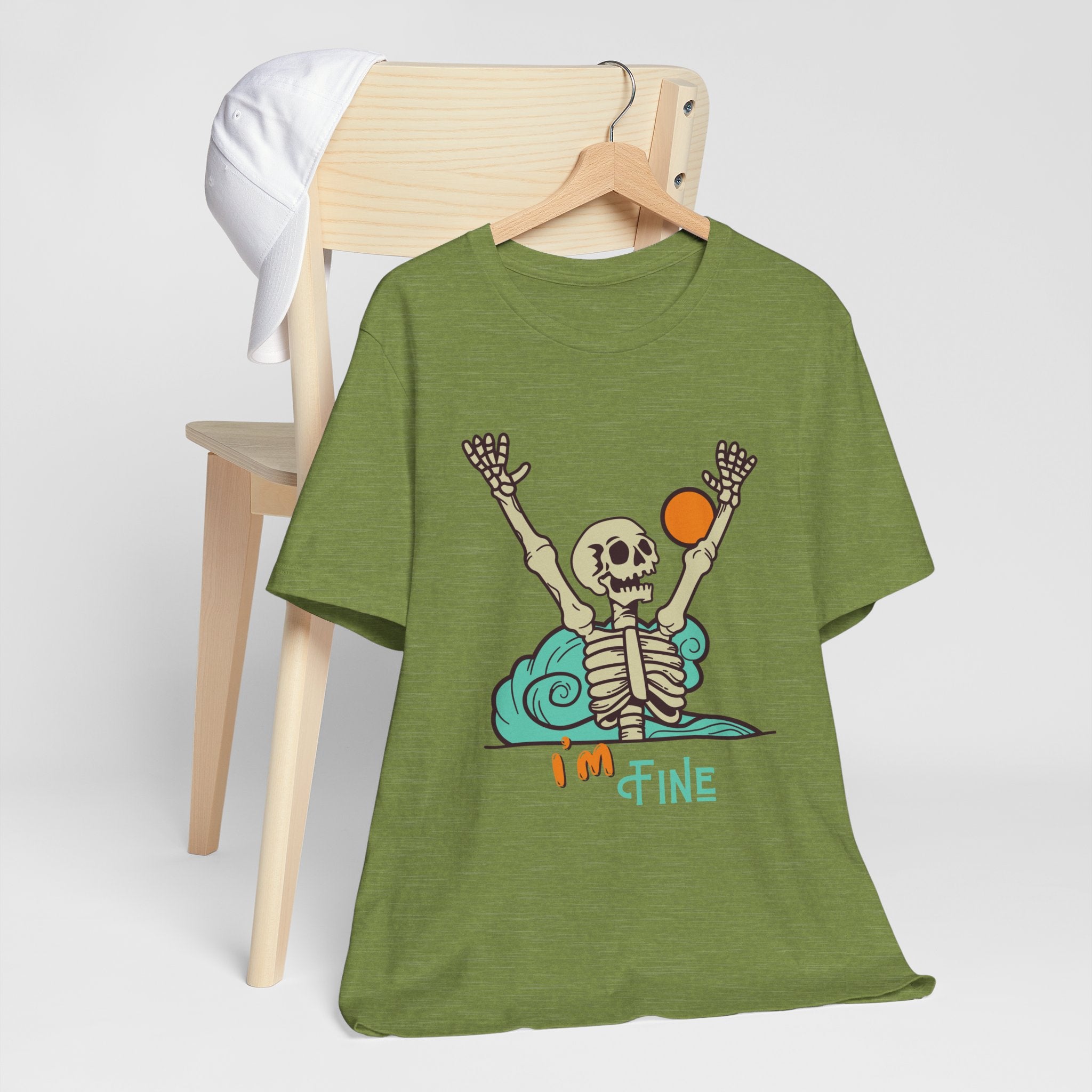 I’m Fine skeleton beach scene Tee | skeleton holding sun, waves, humorous graphic