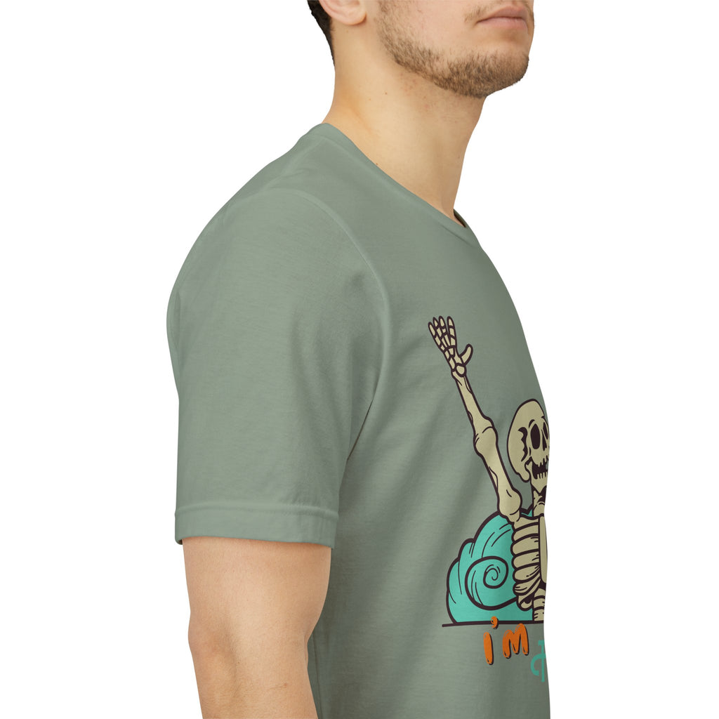 I’m Fine skeleton beach scene Tee | skeleton holding sun, waves, humorous graphic