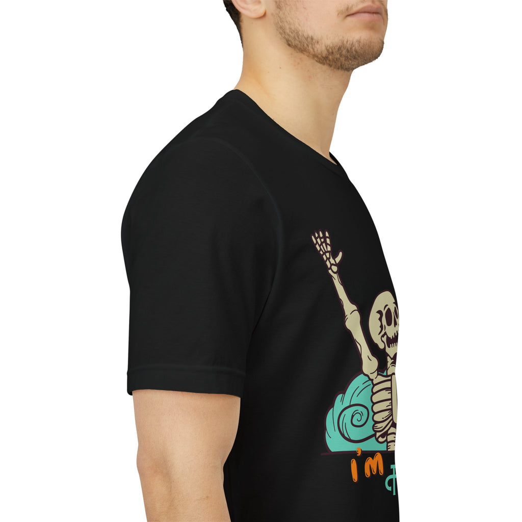 I’m Fine skeleton beach scene Tee | skeleton holding sun, waves, humorous graphic