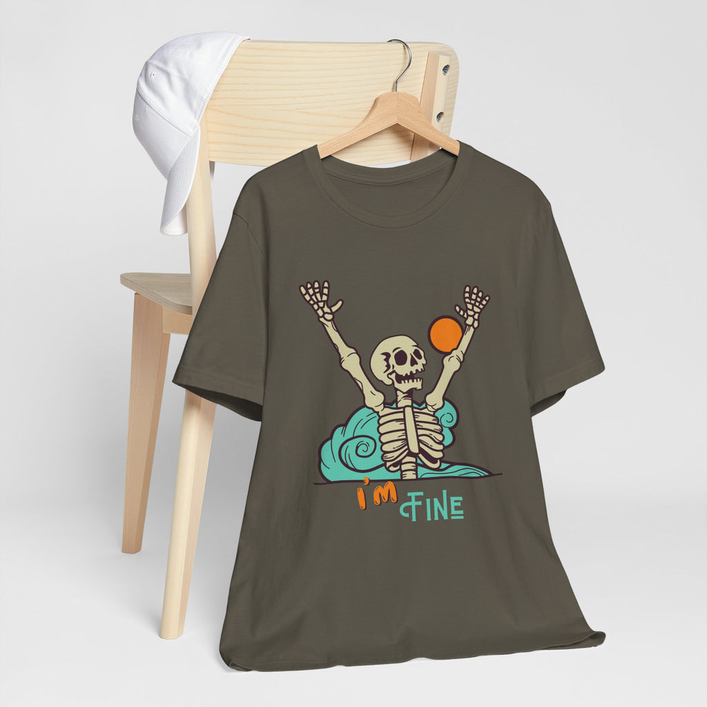 I’m Fine skeleton beach scene Tee | skeleton holding sun, waves, humorous graphic