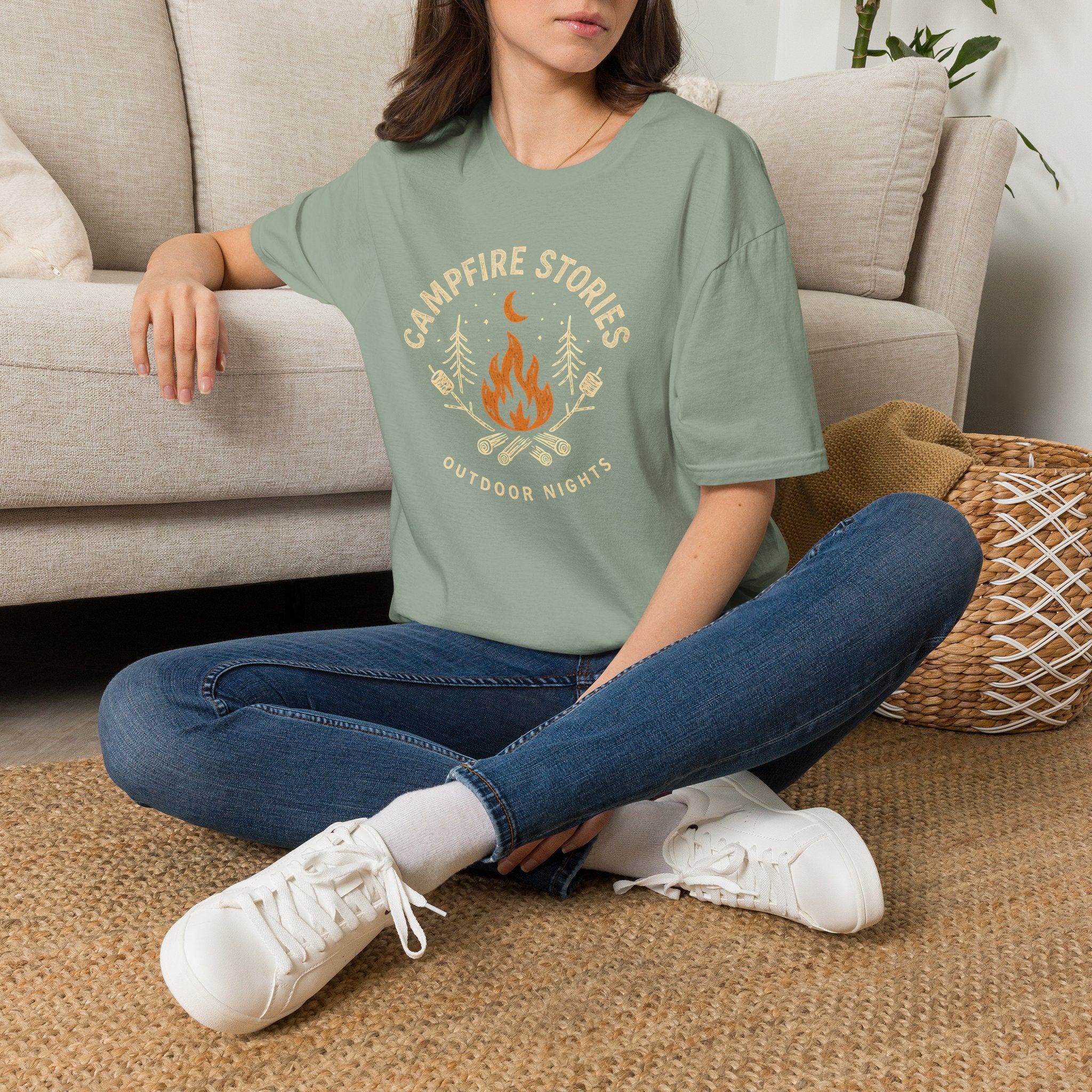 Campfire Stories T-Shirt — Cozy Retro Fire & Moon Graphic Tee