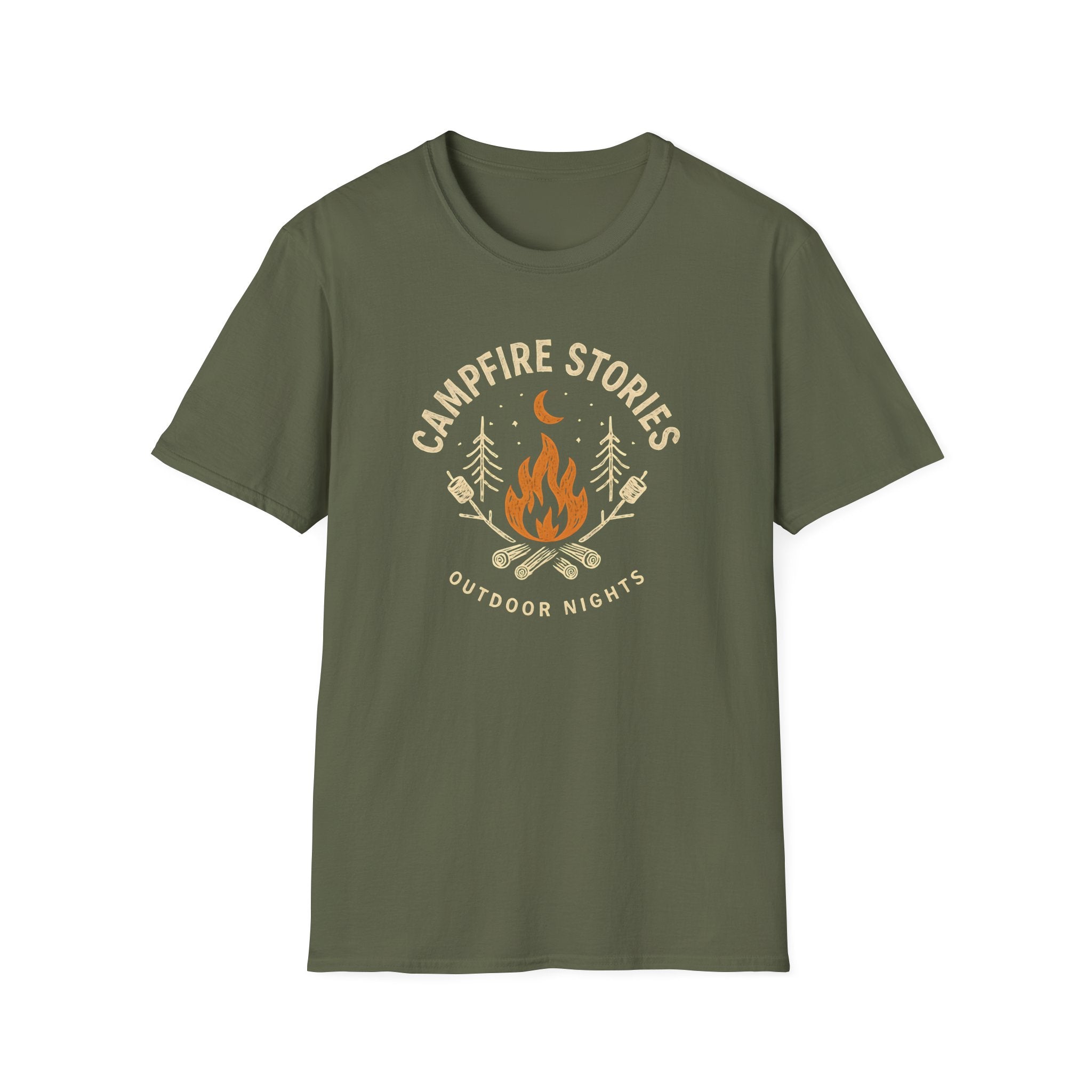 Campfire Stories T-Shirt — Cozy Retro Fire & Moon Graphic Tee