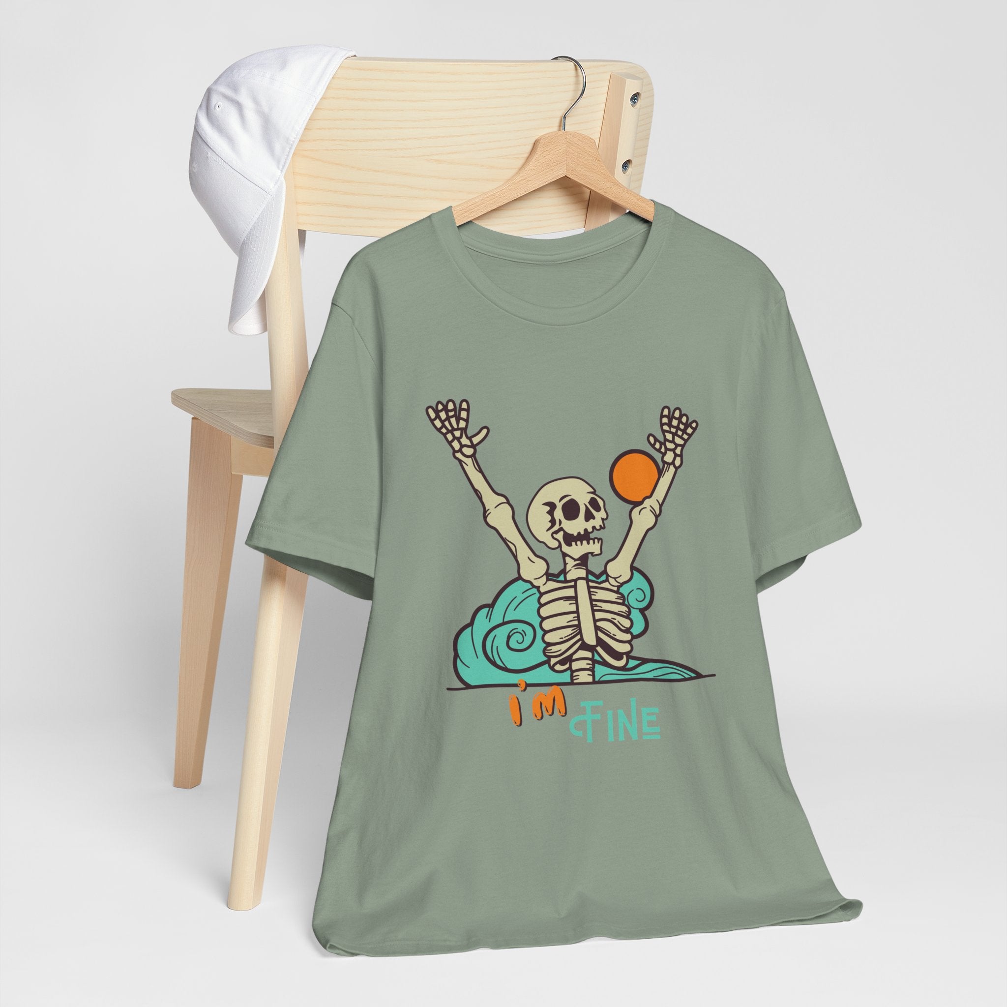 I’m Fine skeleton beach scene Tee | skeleton holding sun, waves, humorous graphic