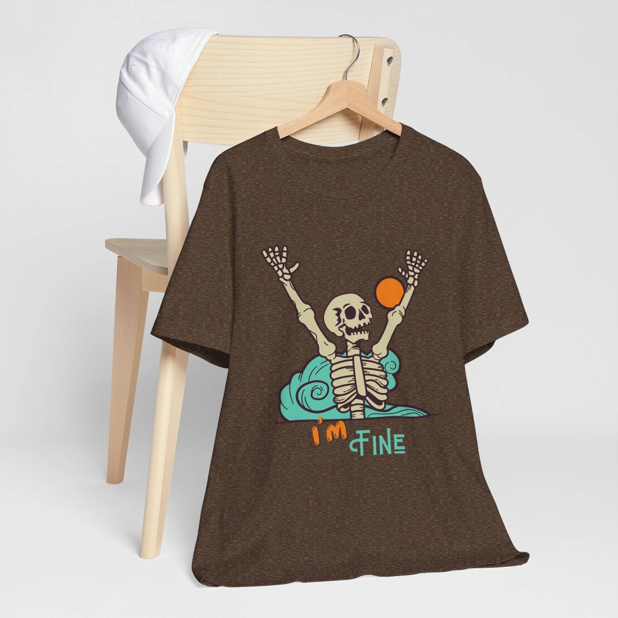 I’m Fine skeleton beach scene Tee | skeleton holding sun, waves, humorous graphic