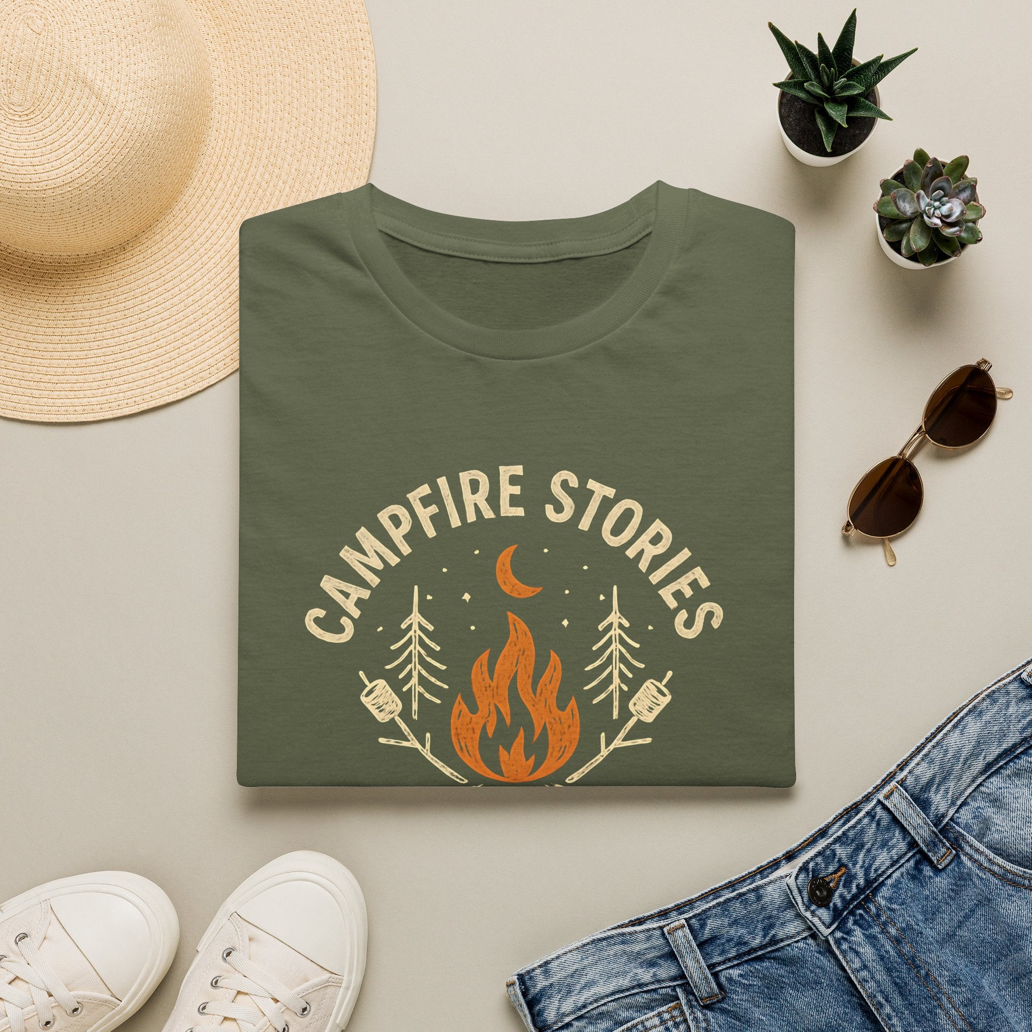 Campfire Stories T-Shirt — Cozy Retro Fire & Moon Graphic Tee