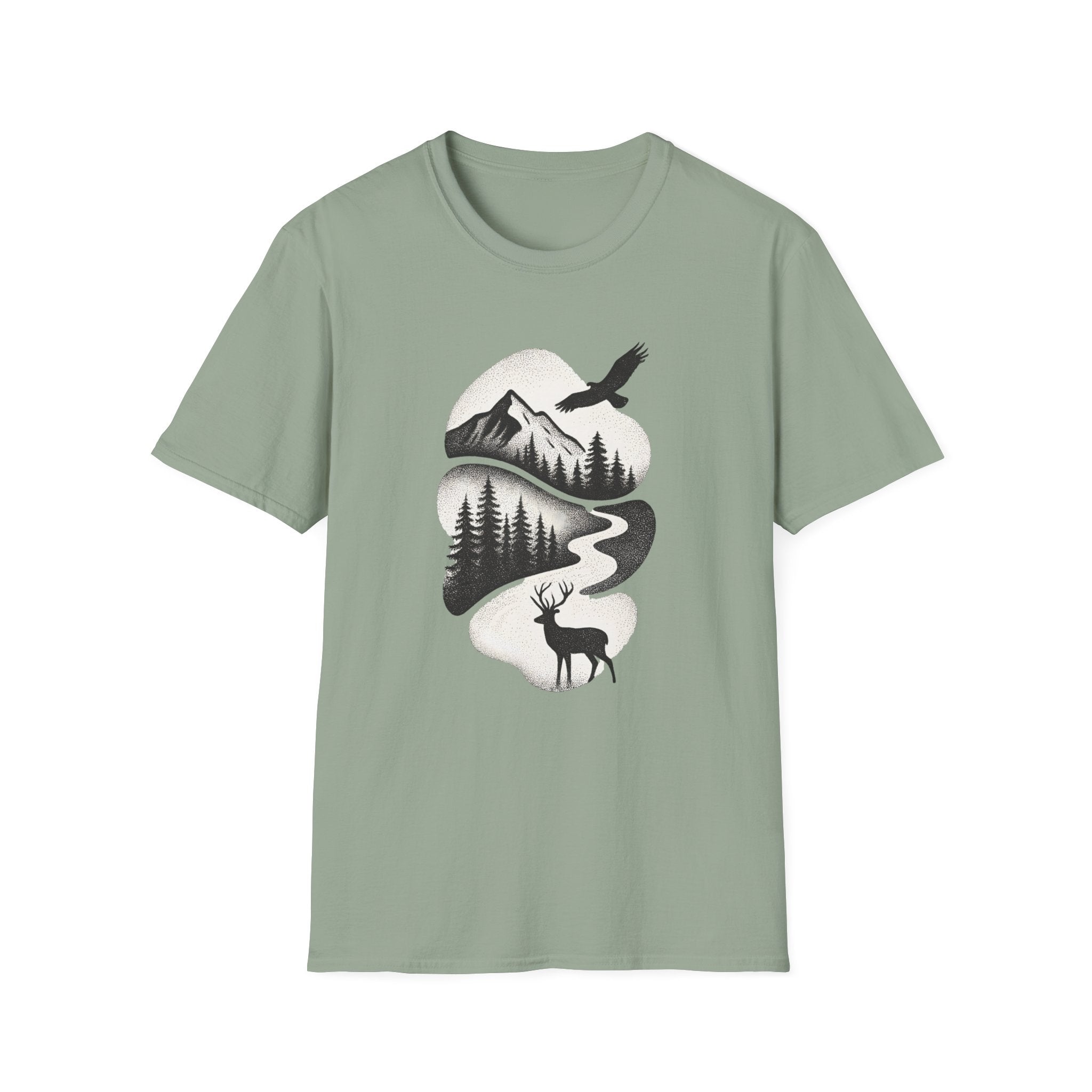 Nature Mountain Tee — Scenic Forest, Eagle & Deer Graphic T-Shirt