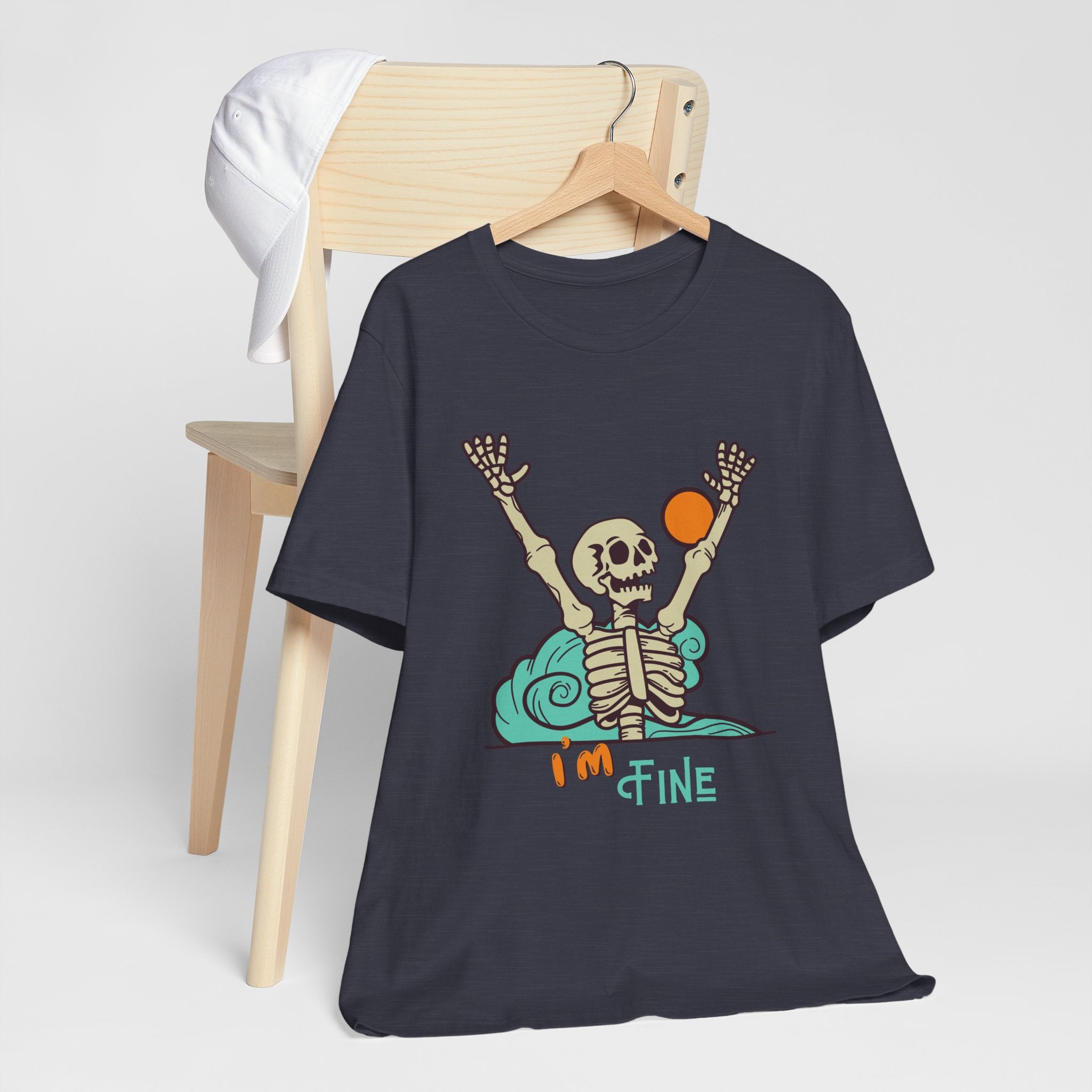 I’m Fine skeleton beach scene Tee | skeleton holding sun, waves, humorous graphic