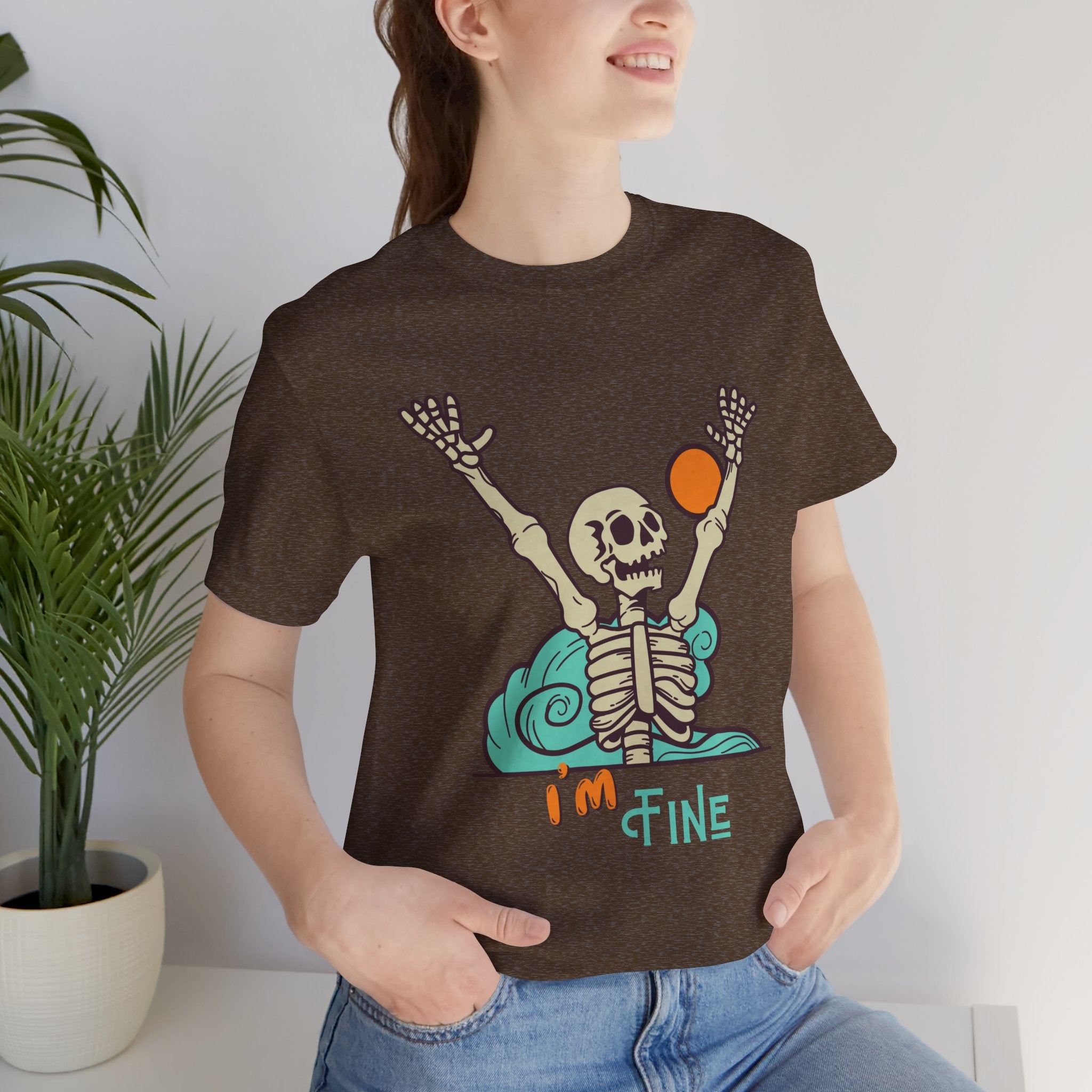 I’m Fine skeleton beach scene Tee | skeleton holding sun, waves, humorous graphic