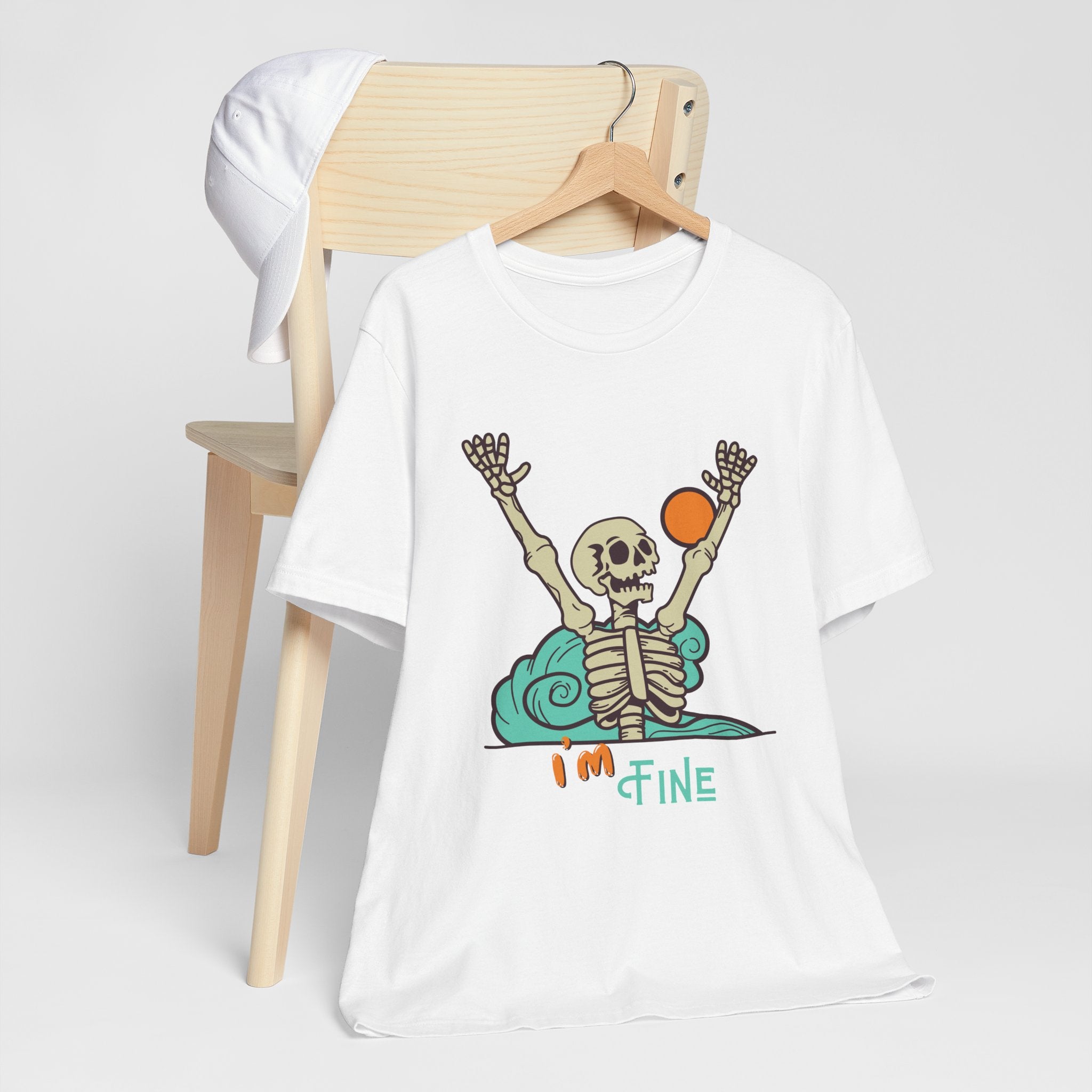 I’m Fine skeleton beach scene Tee | skeleton holding sun, waves, humorous graphic