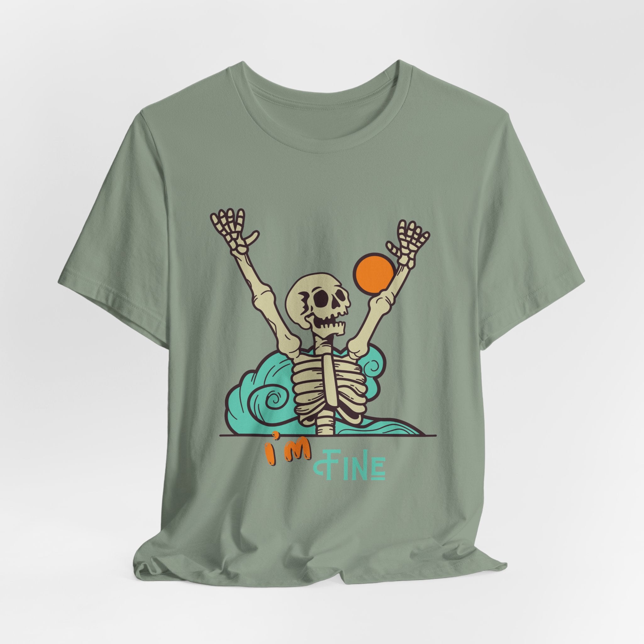 I’m Fine skeleton beach scene Tee | skeleton holding sun, waves, humorous graphic