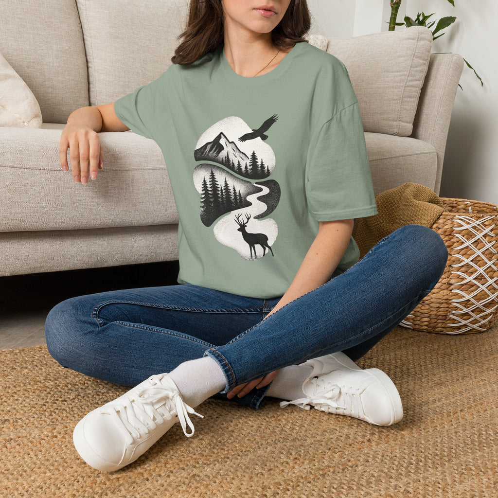 Nature Mountain Tee — Scenic Forest, Eagle & Deer Graphic T-Shirt
