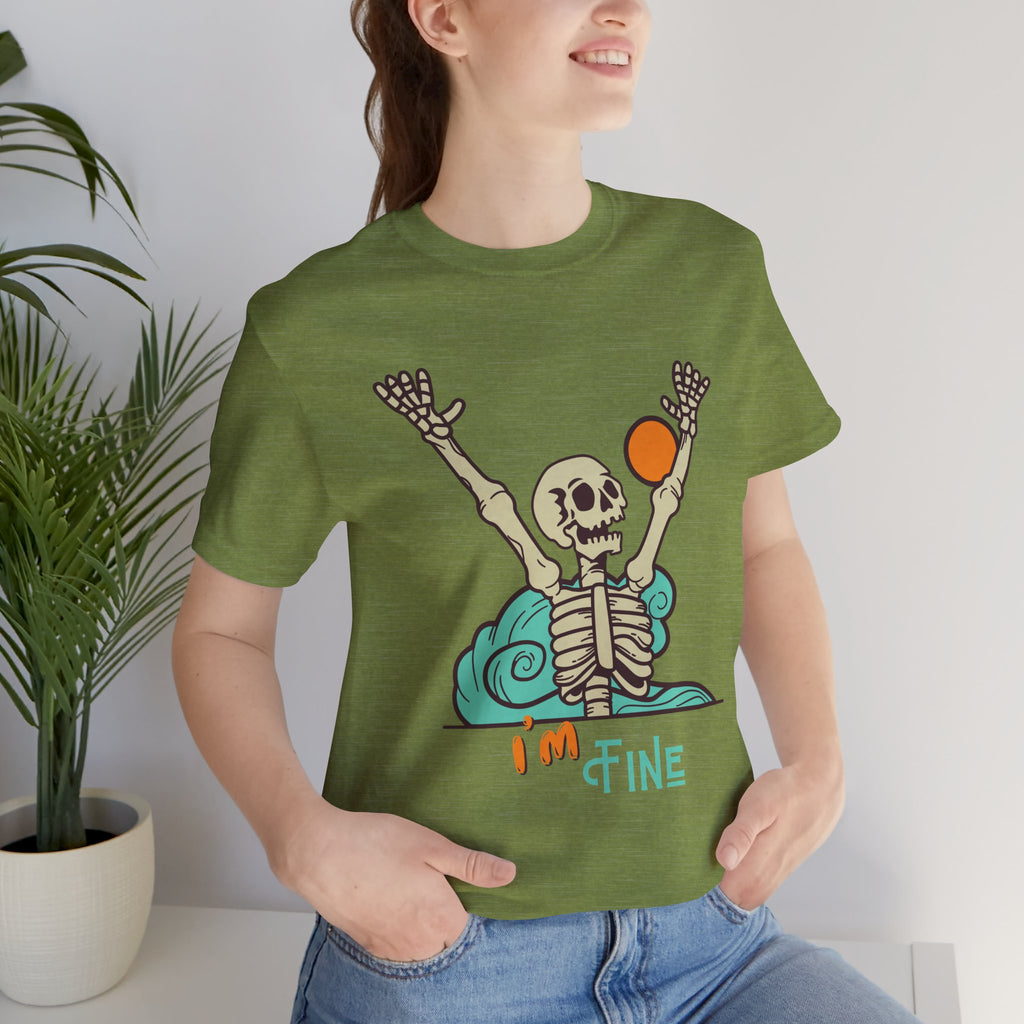 I’m Fine skeleton beach scene Tee | skeleton holding sun, waves, humorous graphic