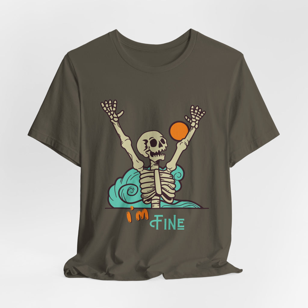 I’m Fine skeleton beach scene Tee | skeleton holding sun, waves, humorous graphic