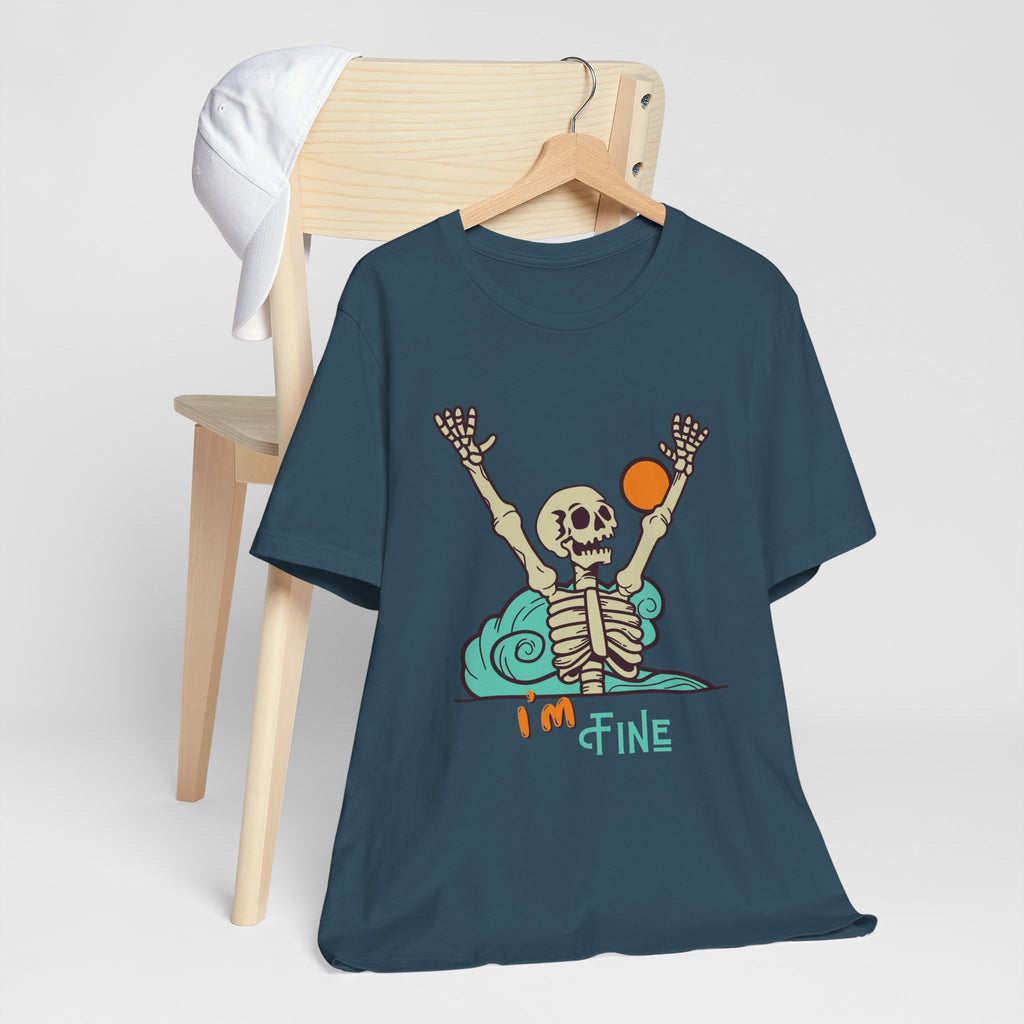 I’m Fine skeleton beach scene Tee | skeleton holding sun, waves, humorous graphic