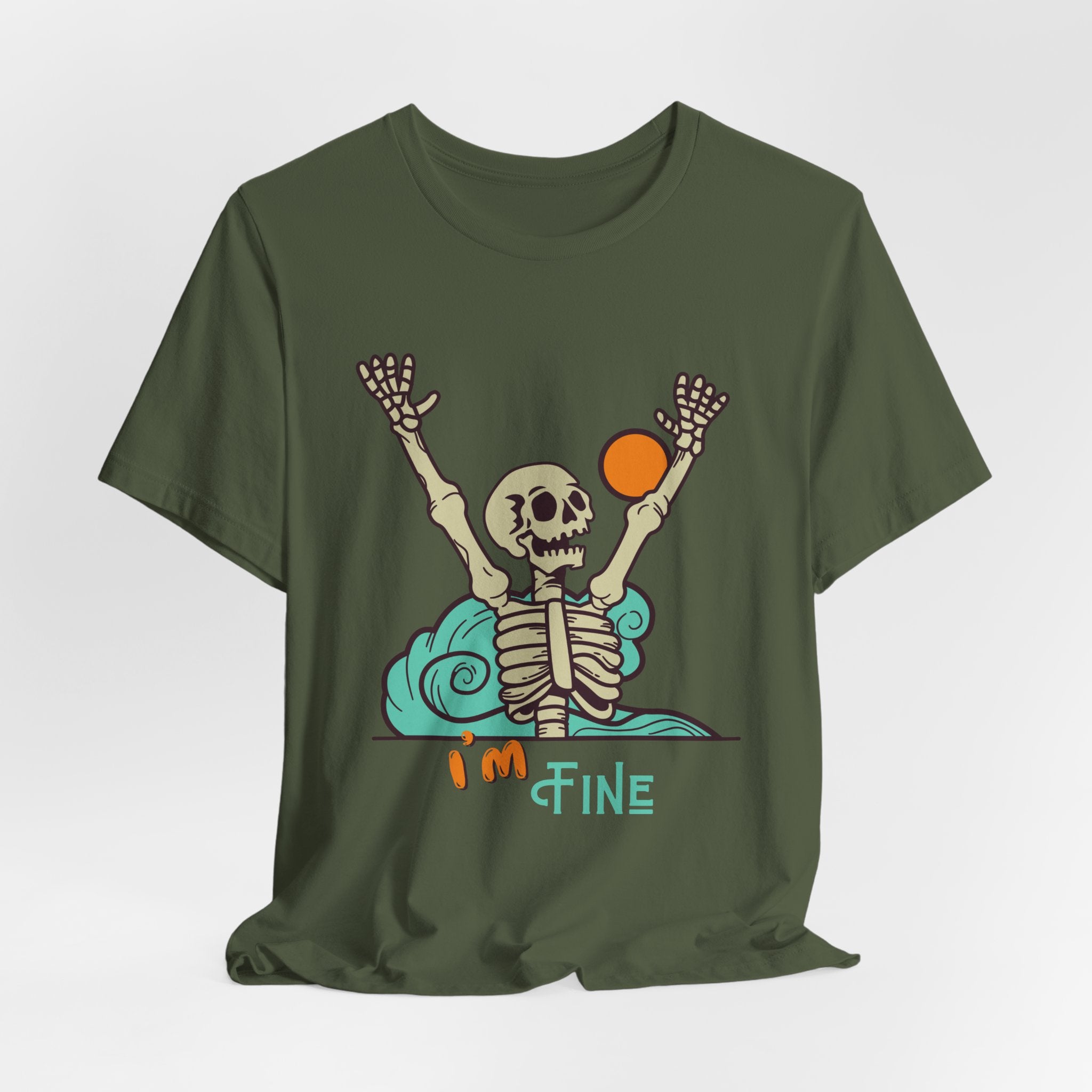 I’m Fine skeleton beach scene Tee | skeleton holding sun, waves, humorous graphic