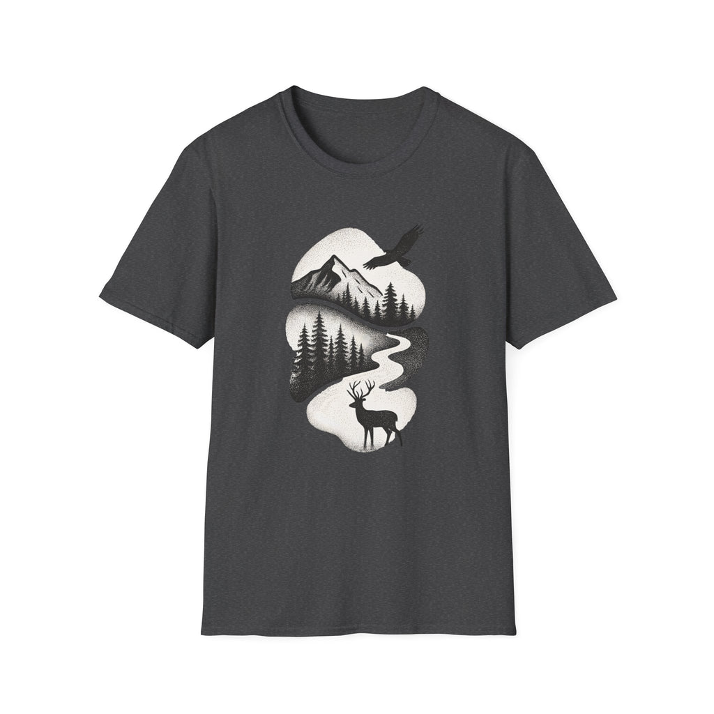 Nature Mountain Tee — Scenic Forest, Eagle & Deer Graphic T-Shirt