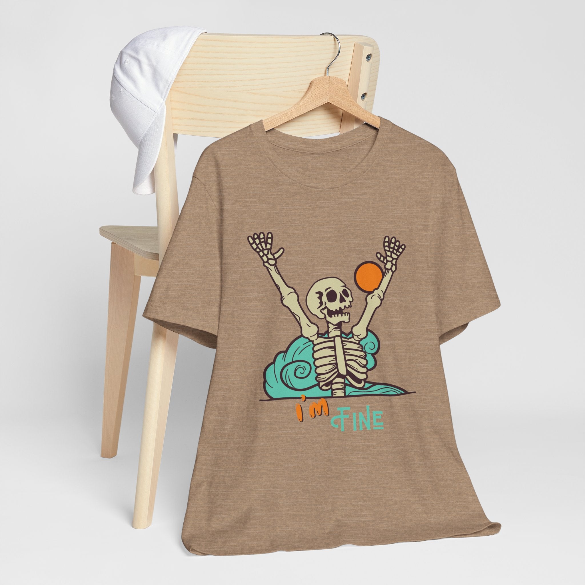 I’m Fine skeleton beach scene Tee | skeleton holding sun, waves, humorous graphic