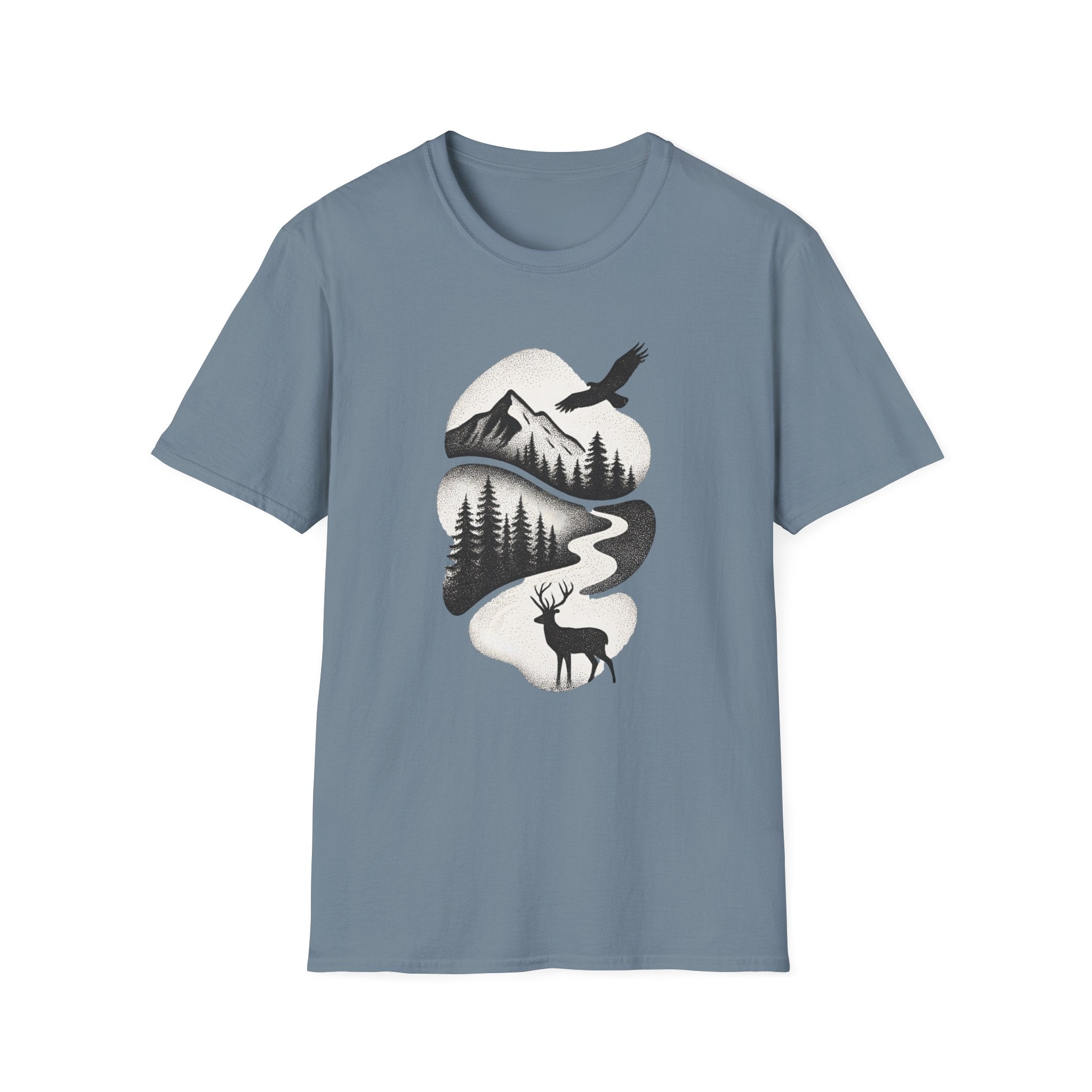 Nature Mountain Tee — Scenic Forest, Eagle & Deer Graphic T-Shirt