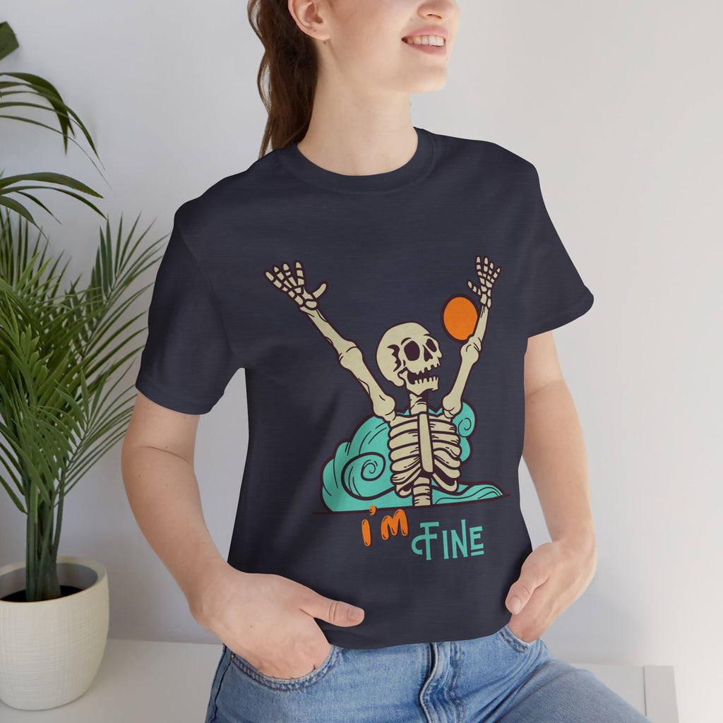 I’m Fine skeleton beach scene Tee | skeleton holding sun, waves, humorous graphic