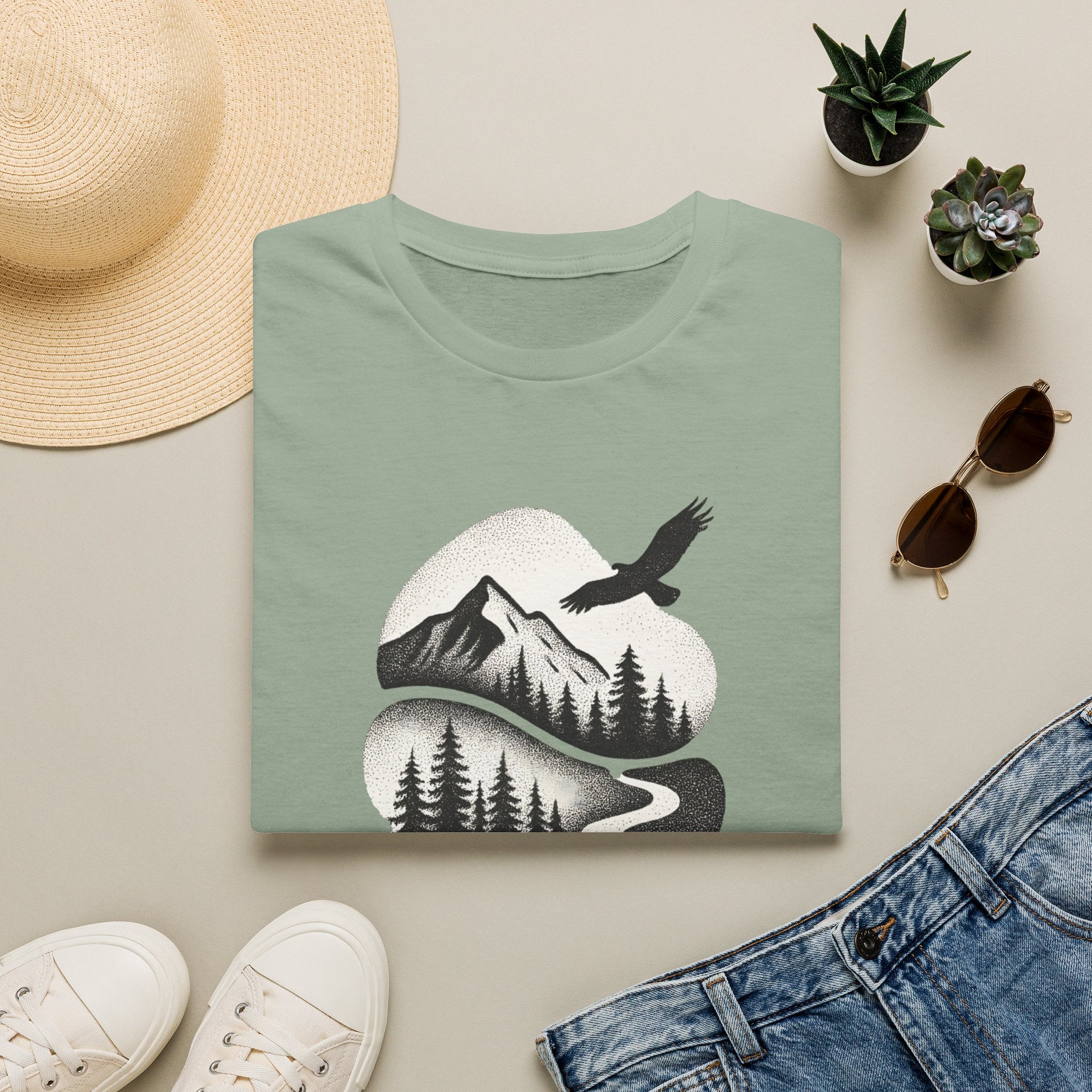 Nature Mountain Tee — Scenic Forest, Eagle & Deer Graphic T-Shirt