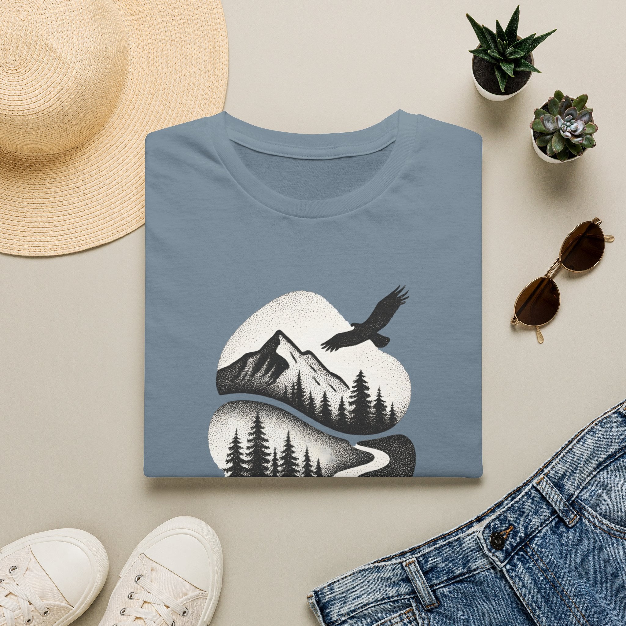 Nature Mountain Tee — Scenic Forest, Eagle & Deer Graphic T-Shirt