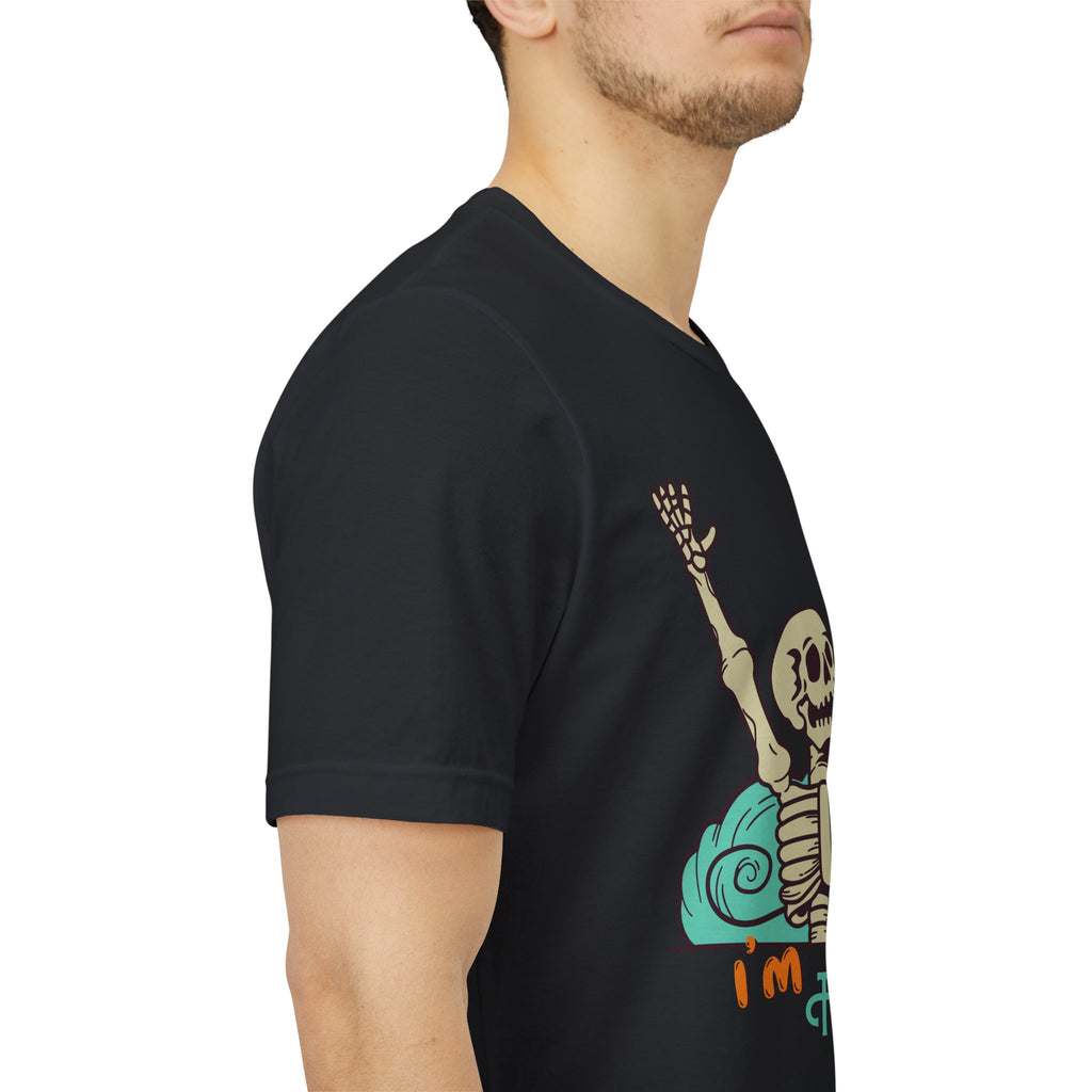 I’m Fine skeleton beach scene Tee | skeleton holding sun, waves, humorous graphic