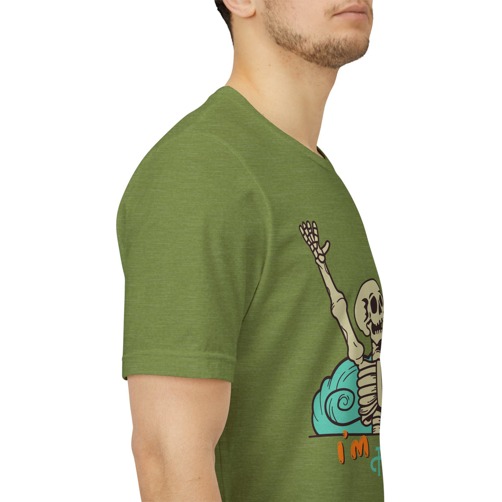 I’m Fine skeleton beach scene Tee | skeleton holding sun, waves, humorous graphic