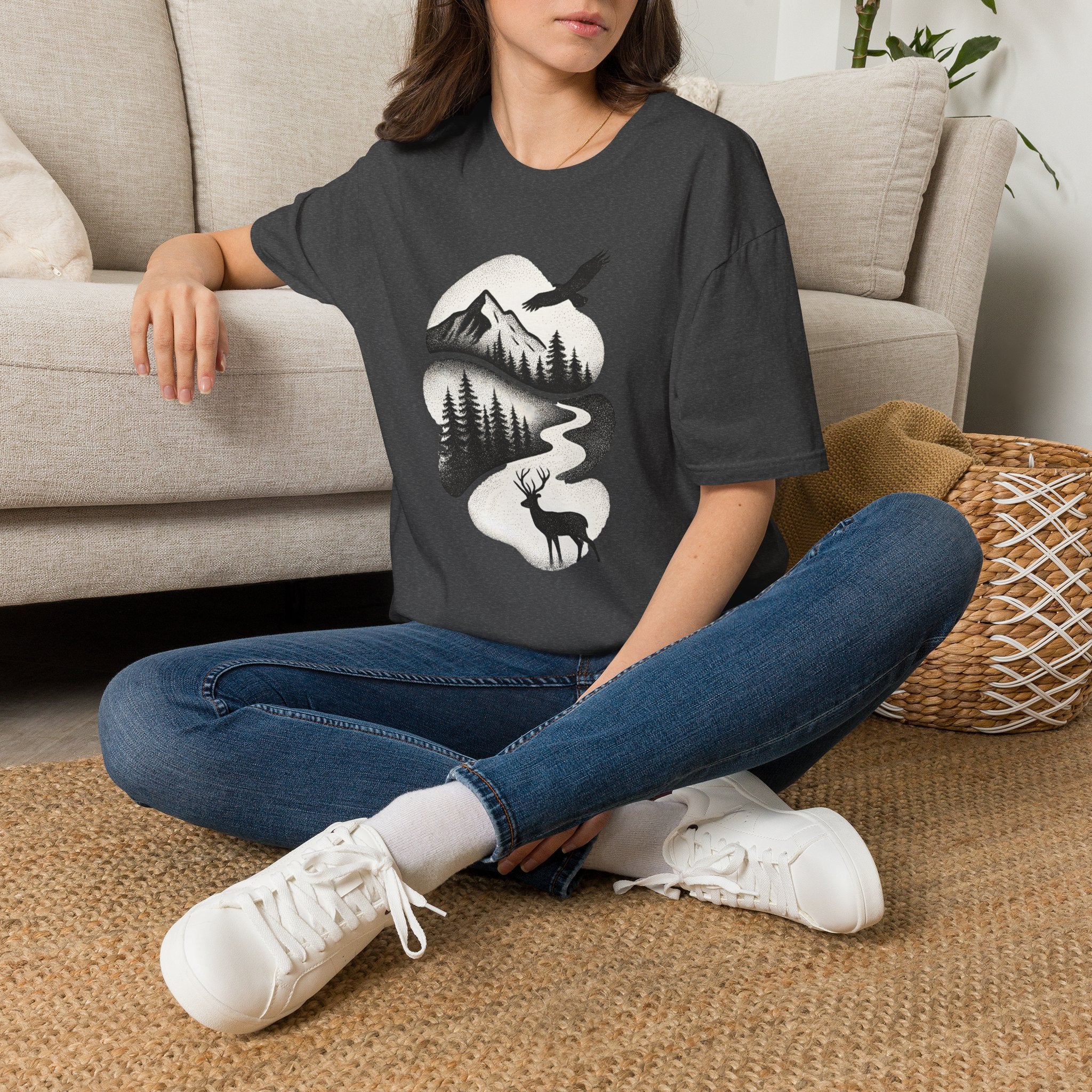 Nature Mountain Tee — Scenic Forest, Eagle & Deer Graphic T-Shirt